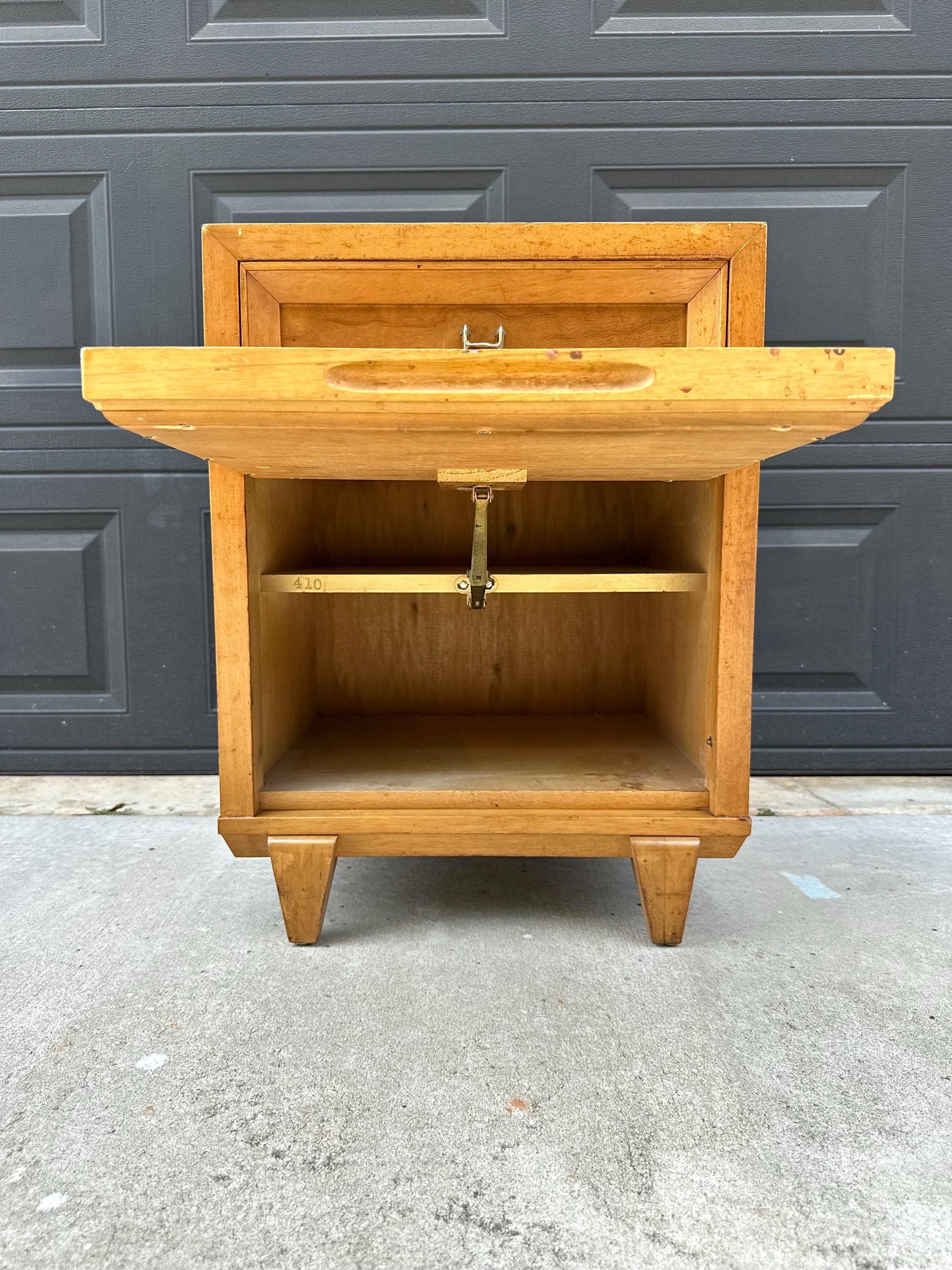 Vintage Authentic Mid Century Honey Maple & Woven Cane Pull Up Tray Bedside Chest with Enclosed Shelving 20" Wide