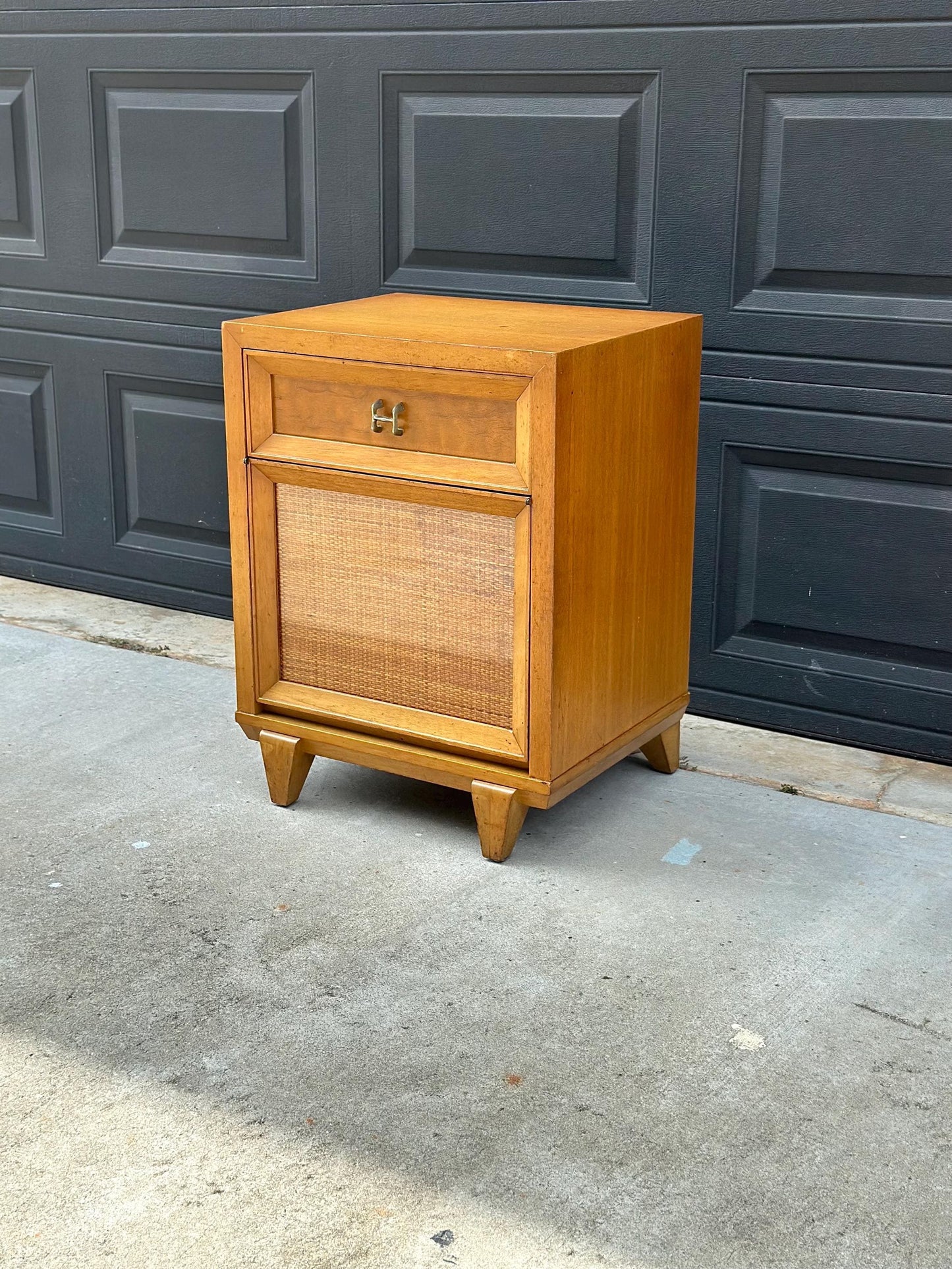 Vintage Authentic Mid Century Honey Maple & Woven Cane Pull Up Tray Bedside Chest with Enclosed Shelving 20" Wide