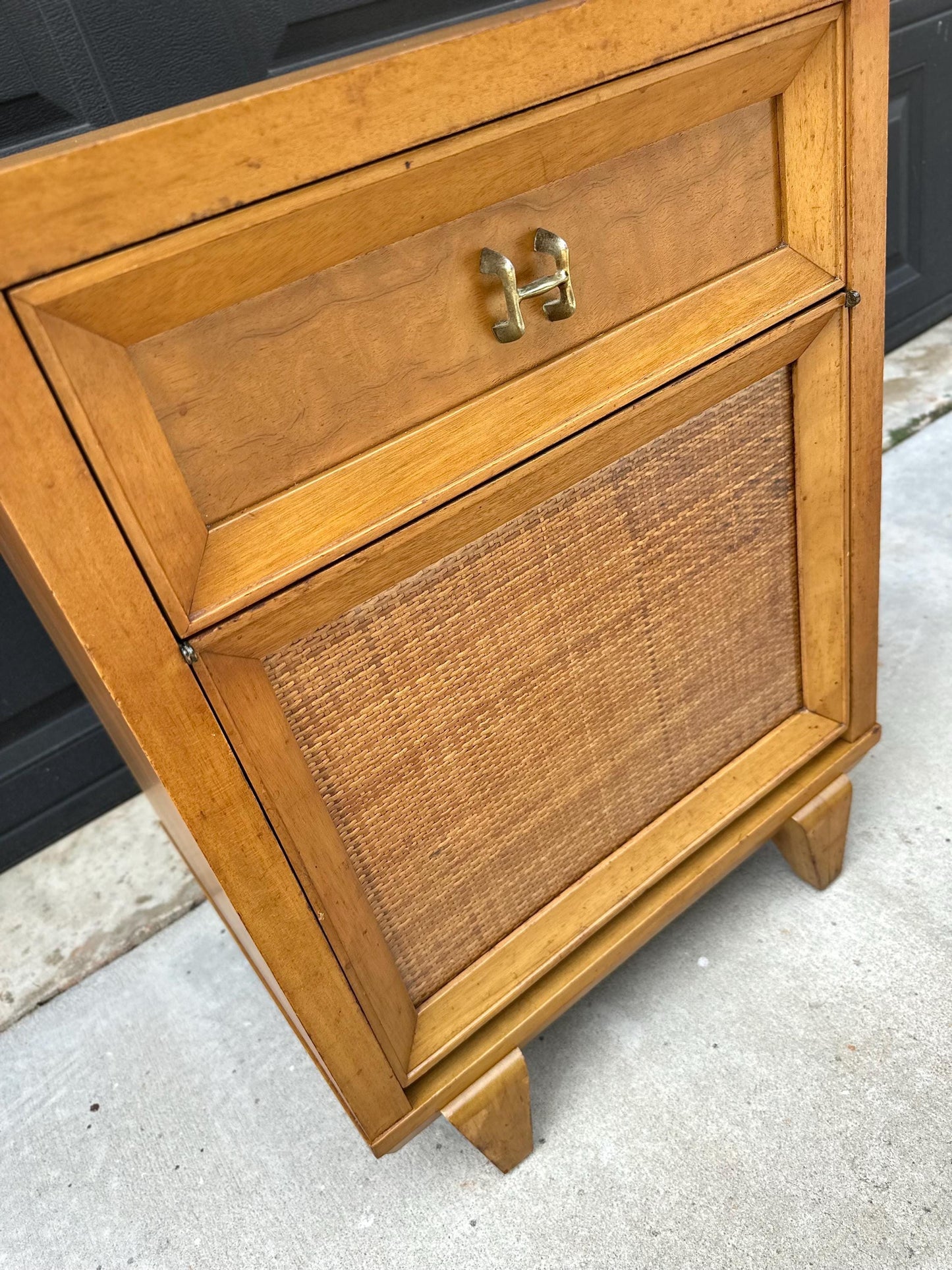 Vintage Authentic Mid Century Honey Maple & Woven Cane Pull Up Tray Bedside Chest with Enclosed Shelving 20" Wide