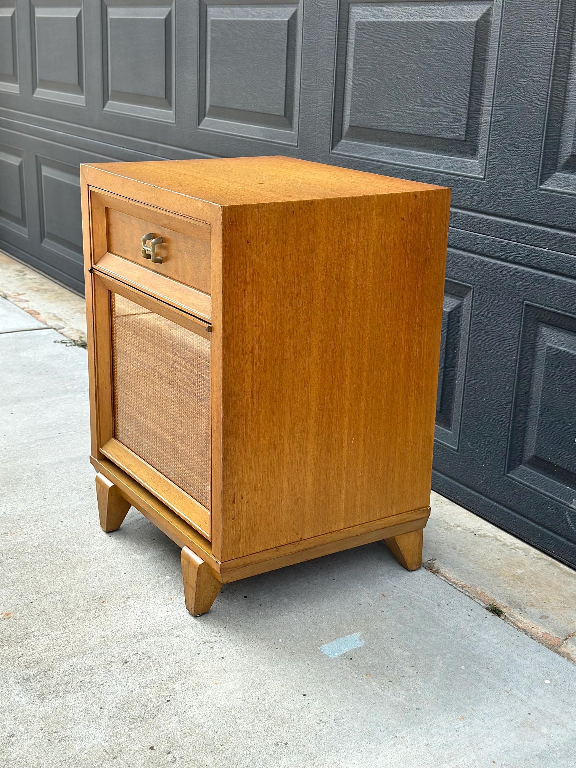 Vintage Authentic Mid Century Honey Maple & Woven Cane Pull Up Tray Bedside Chest with Enclosed Shelving 20" Wide
