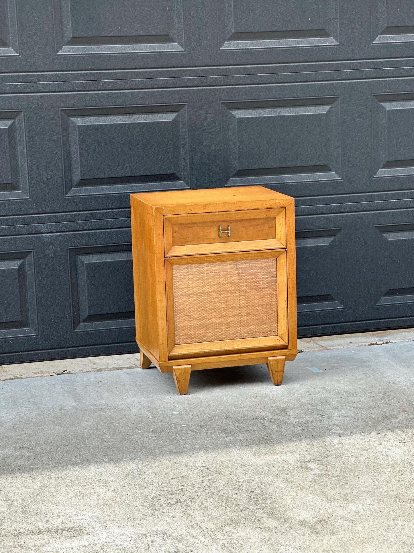 Vintage Authentic Mid Century Honey Maple & Woven Cane Pull Up Tray Bedside Chest with Enclosed Shelving 20" Wide