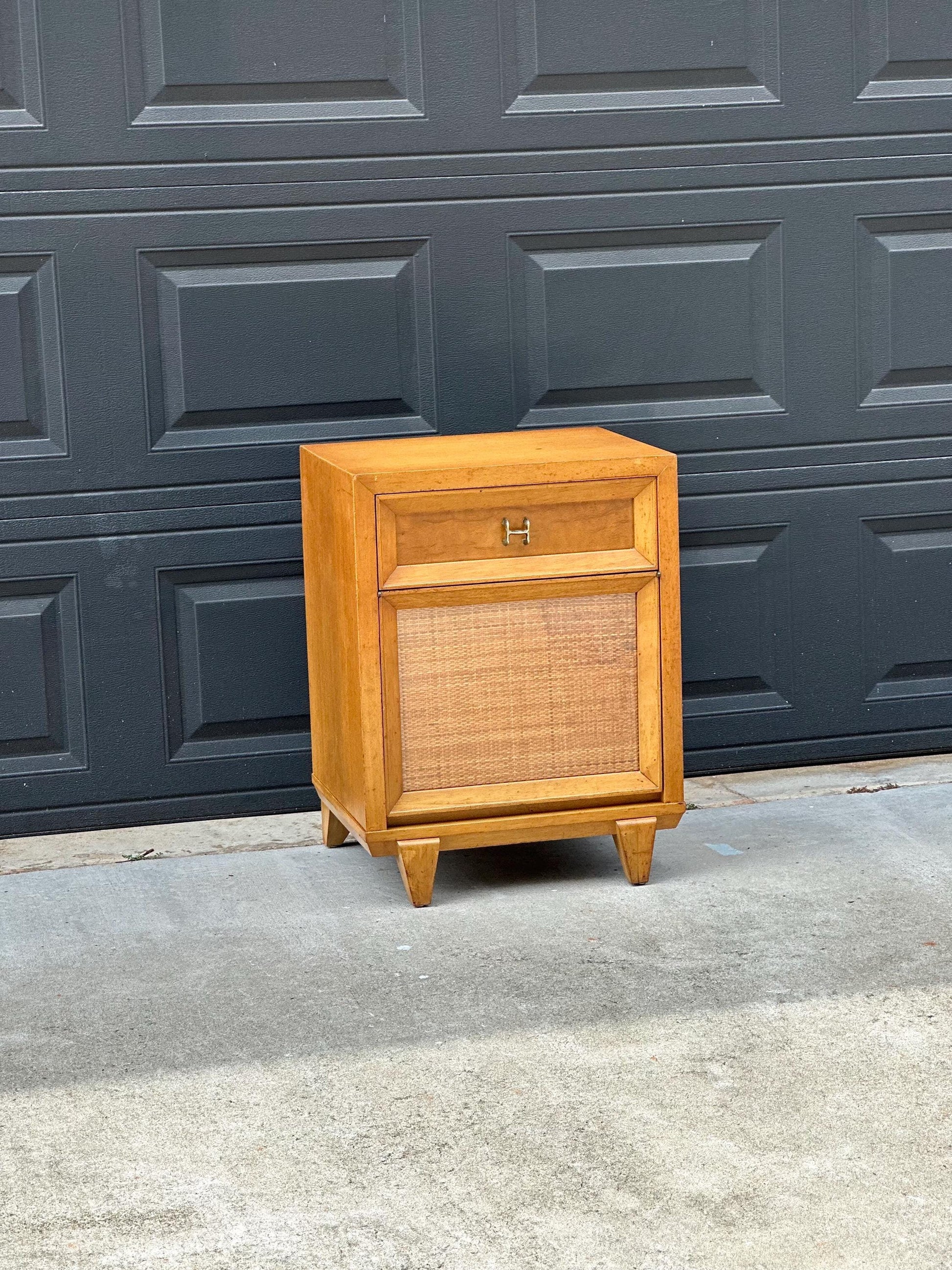 Vintage Authentic Mid Century Honey Maple & Woven Cane Pull Up Tray Bedside Chest with Enclosed Shelving 20" Wide