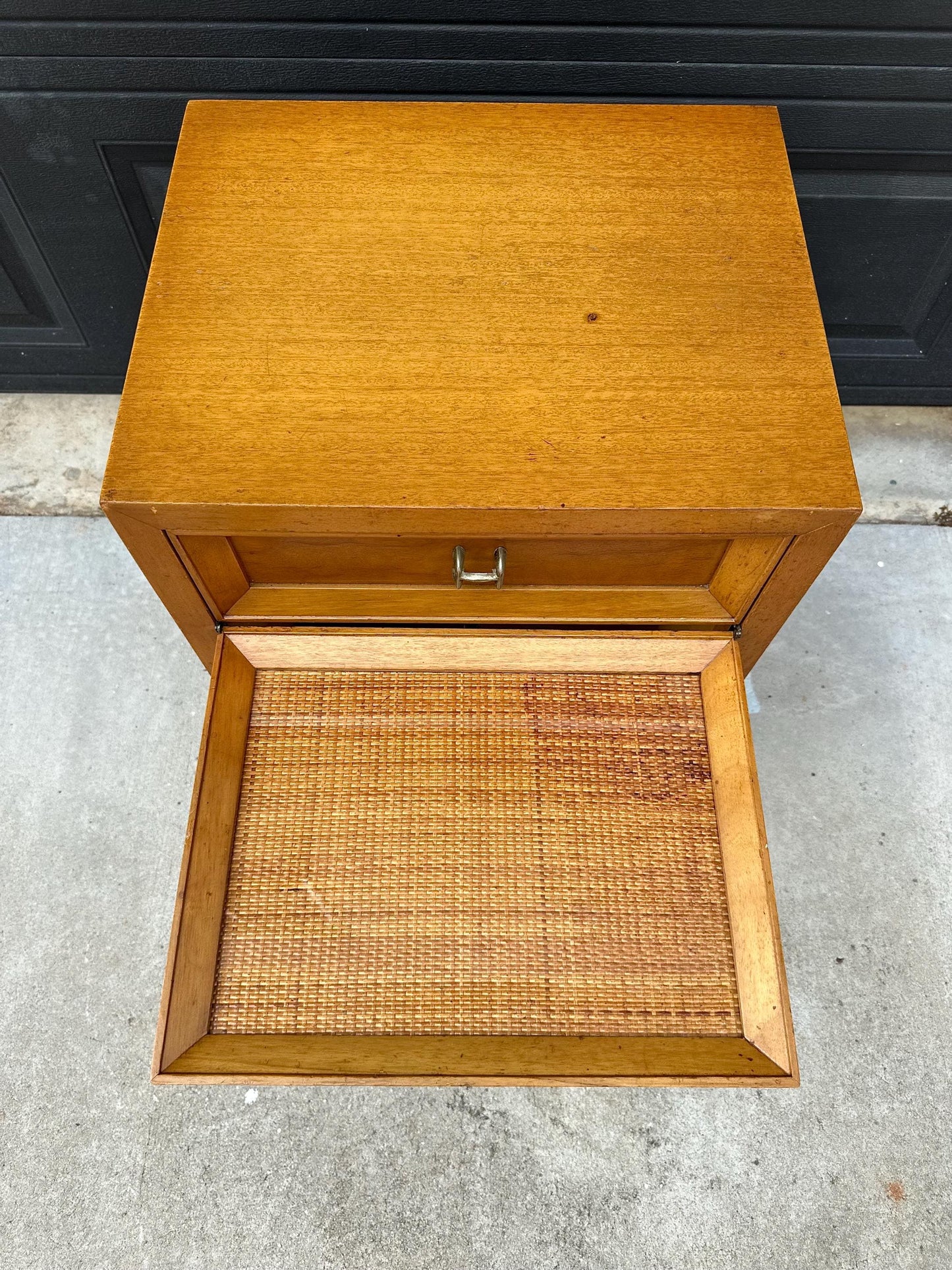 Vintage Authentic Mid Century Honey Maple & Woven Cane Pull Up Tray Bedside Chest with Enclosed Shelving 20" Wide