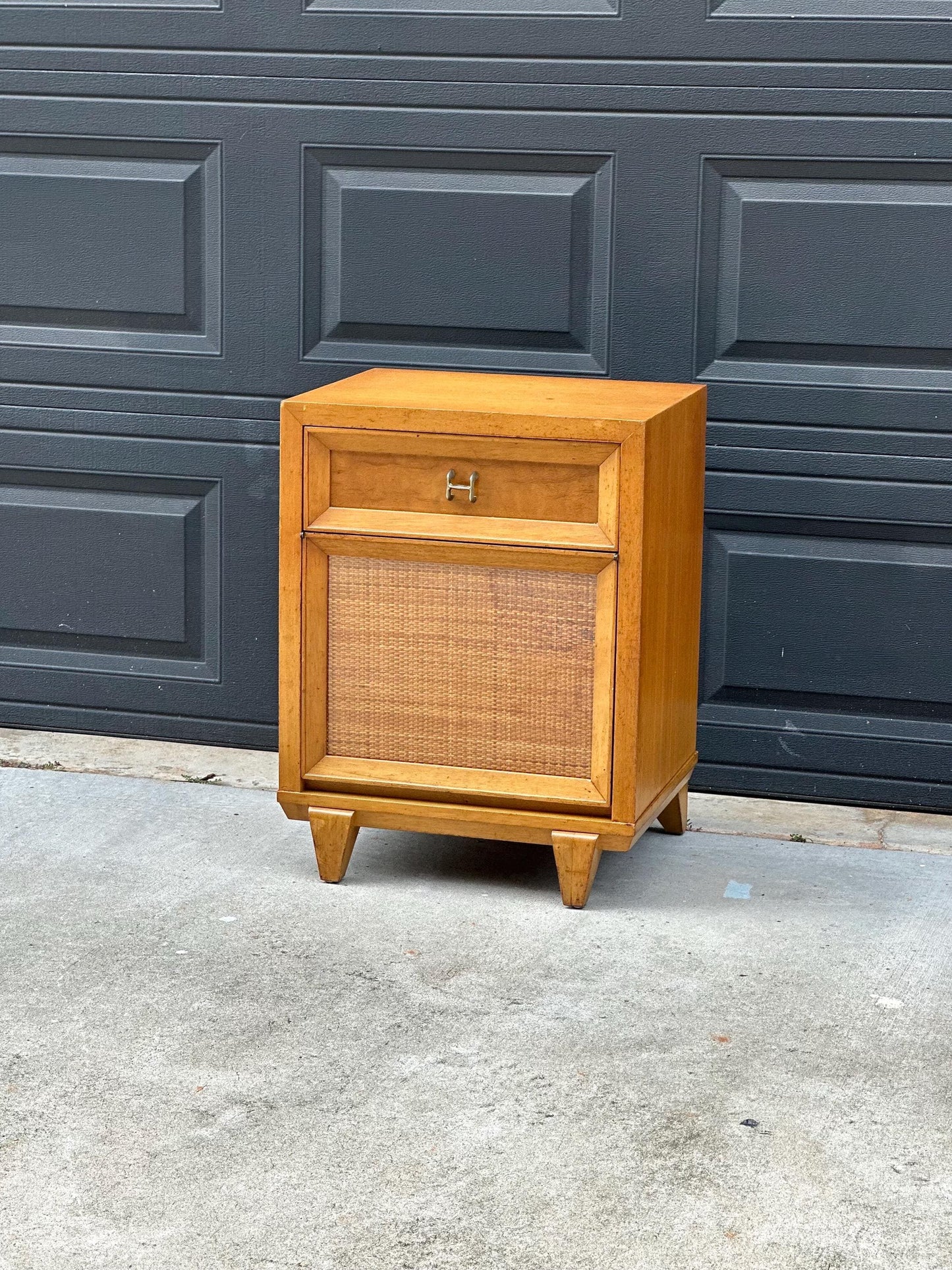 Vintage Authentic Mid Century Honey Maple & Woven Cane Pull Up Tray Bedside Chest with Enclosed Shelving 20" Wide