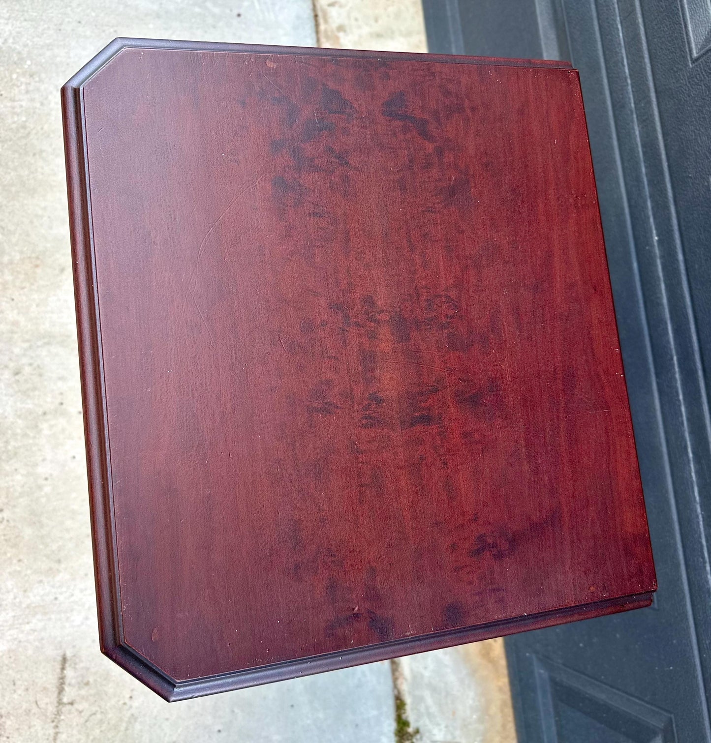 Antique Early 20th Century Bookmatched Carved Mahogany Tall Accent Table with Drawer & Open Shelf 17.5" Wide