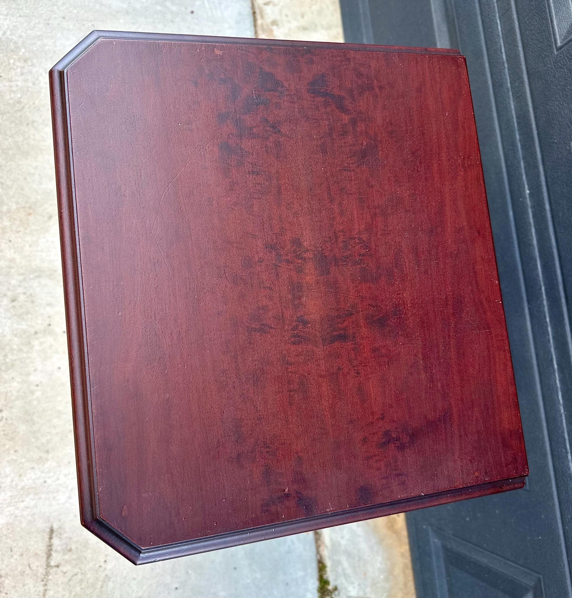 Antique Early 20th Century Bookmatched Carved Mahogany Tall Accent Table with Drawer & Open Shelf 17.5" Wide