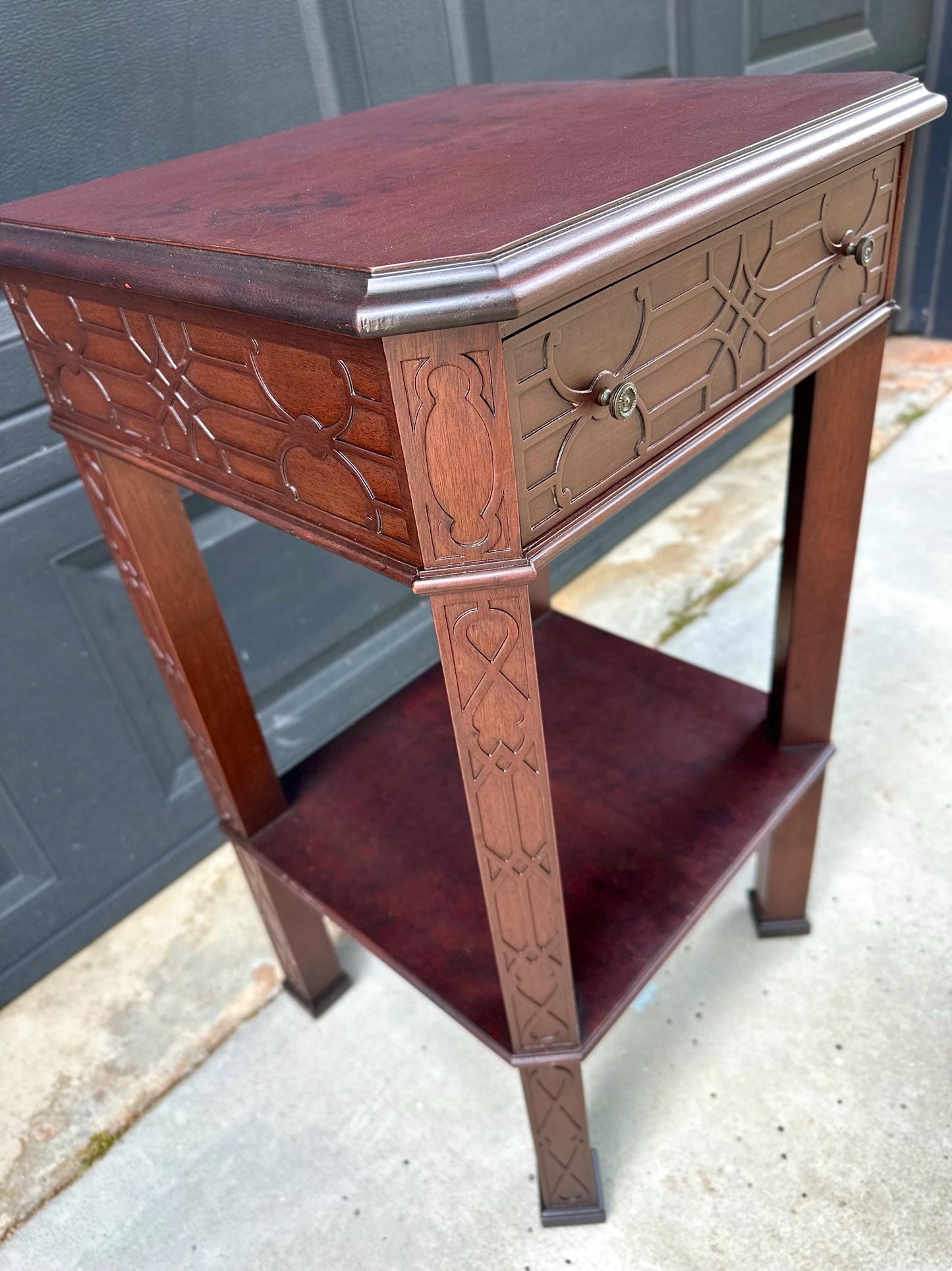 Antique Early 20th Century Bookmatched Carved Mahogany Tall Accent Table with Drawer & Open Shelf 17.5" Wide