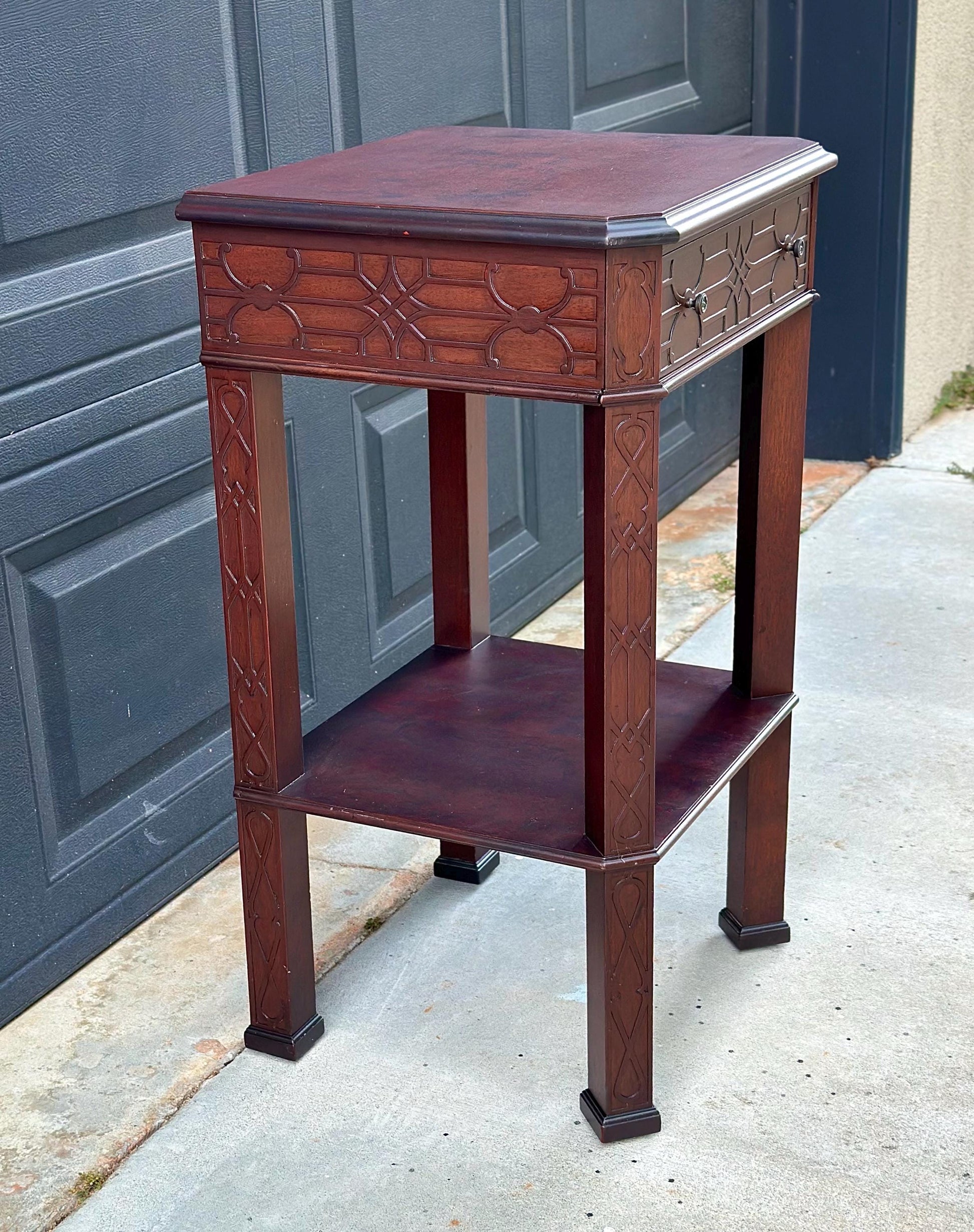Antique Early 20th Century Bookmatched Carved Mahogany Tall Accent Table with Drawer & Open Shelf 17.5" Wide