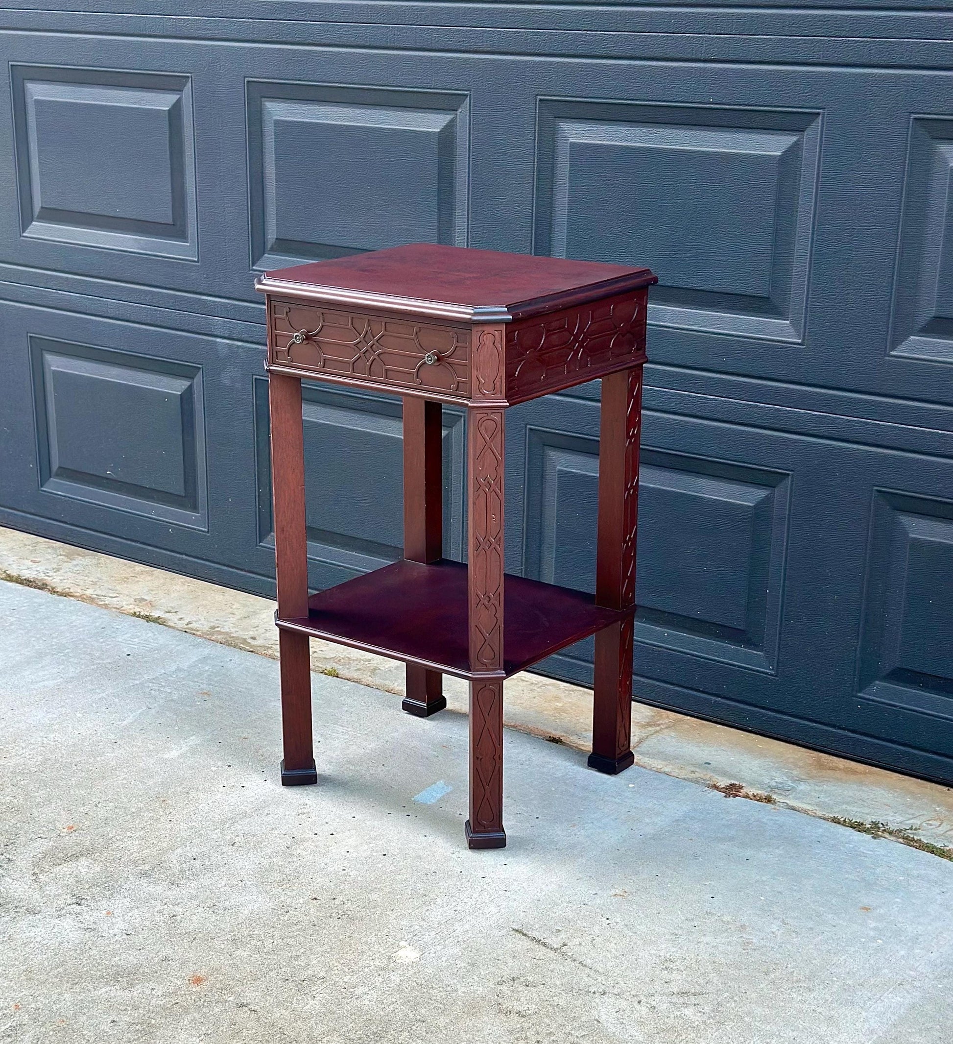 Antique Early 20th Century Bookmatched Carved Mahogany Tall Accent Table with Drawer & Open Shelf 17.5" Wide