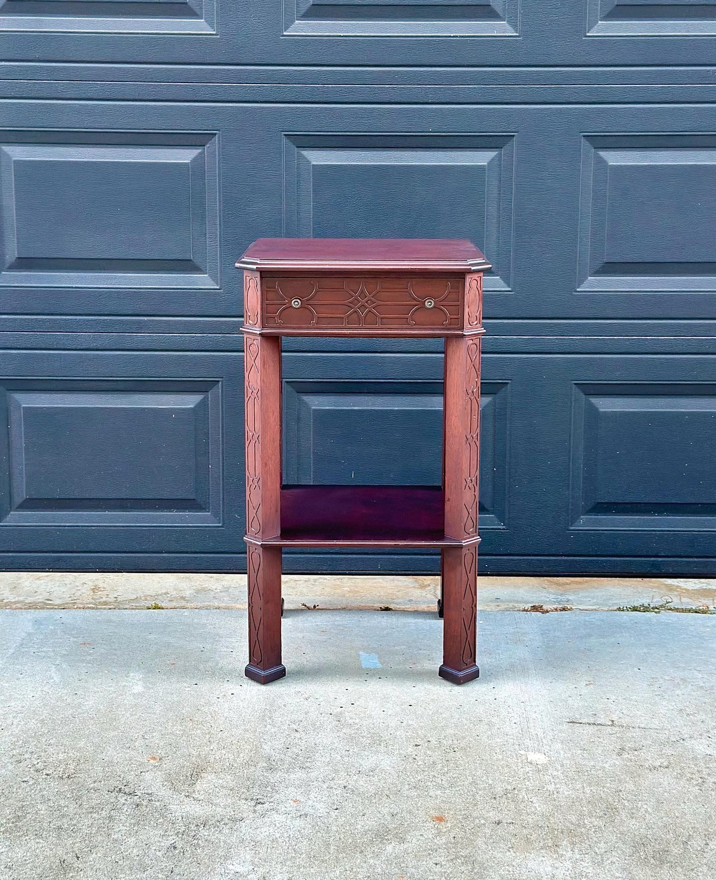Antique Early 20th Century Bookmatched Carved Mahogany Tall Accent Table with Drawer & Open Shelf 17.5" Wide