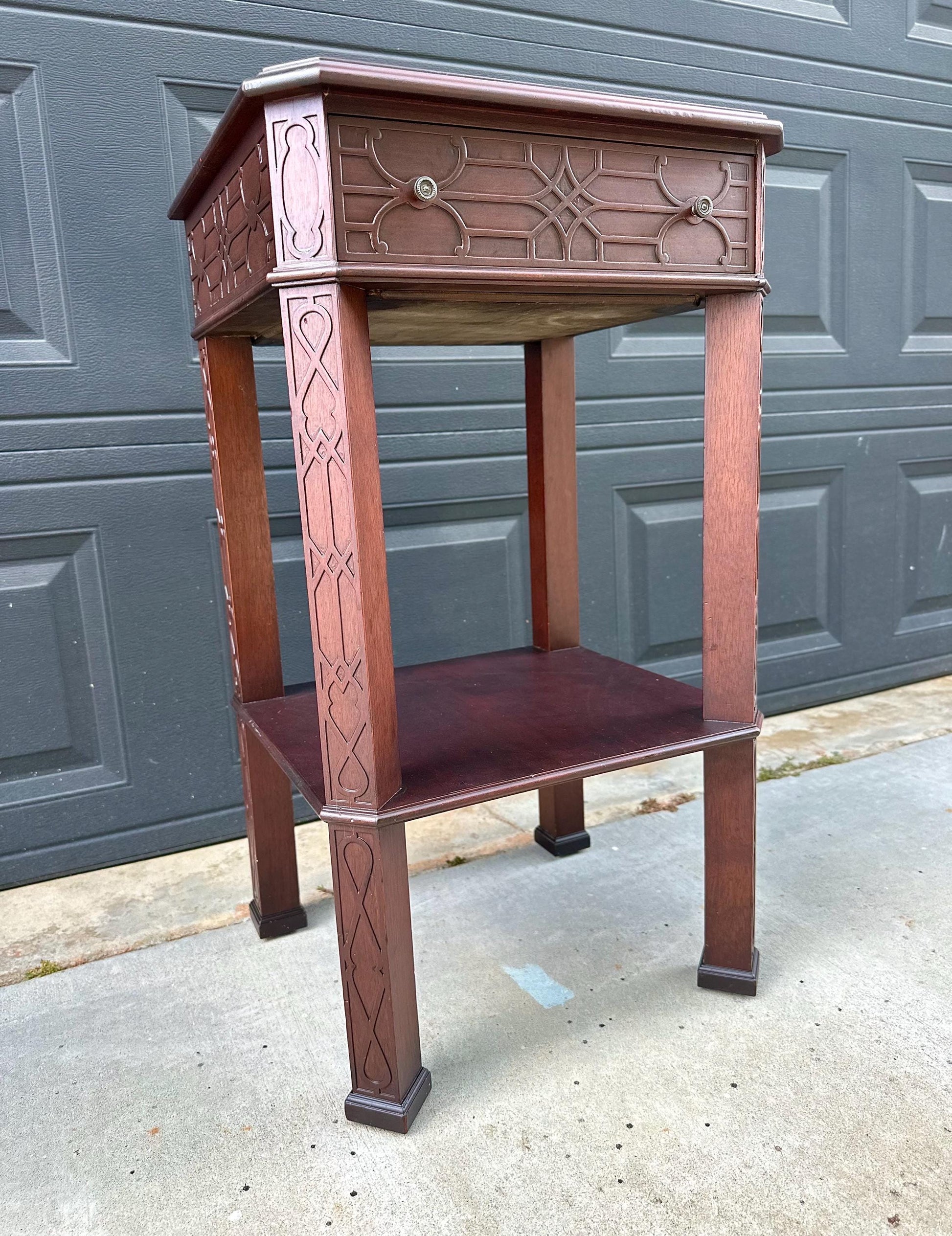 Antique Early 20th Century Bookmatched Carved Mahogany Tall Accent Table with Drawer & Open Shelf 17.5" Wide