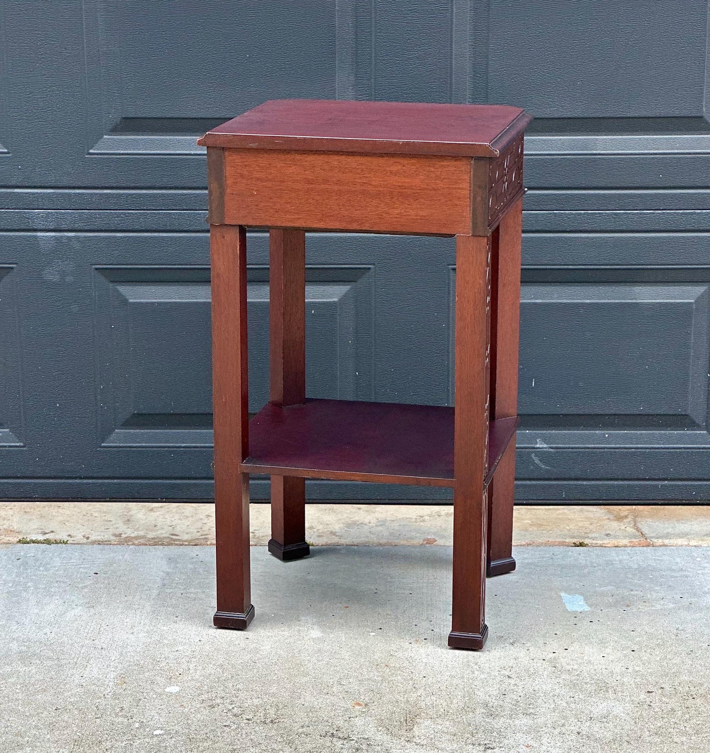 Antique Early 20th Century Bookmatched Carved Mahogany Tall Accent Table with Drawer & Open Shelf 17.5" Wide