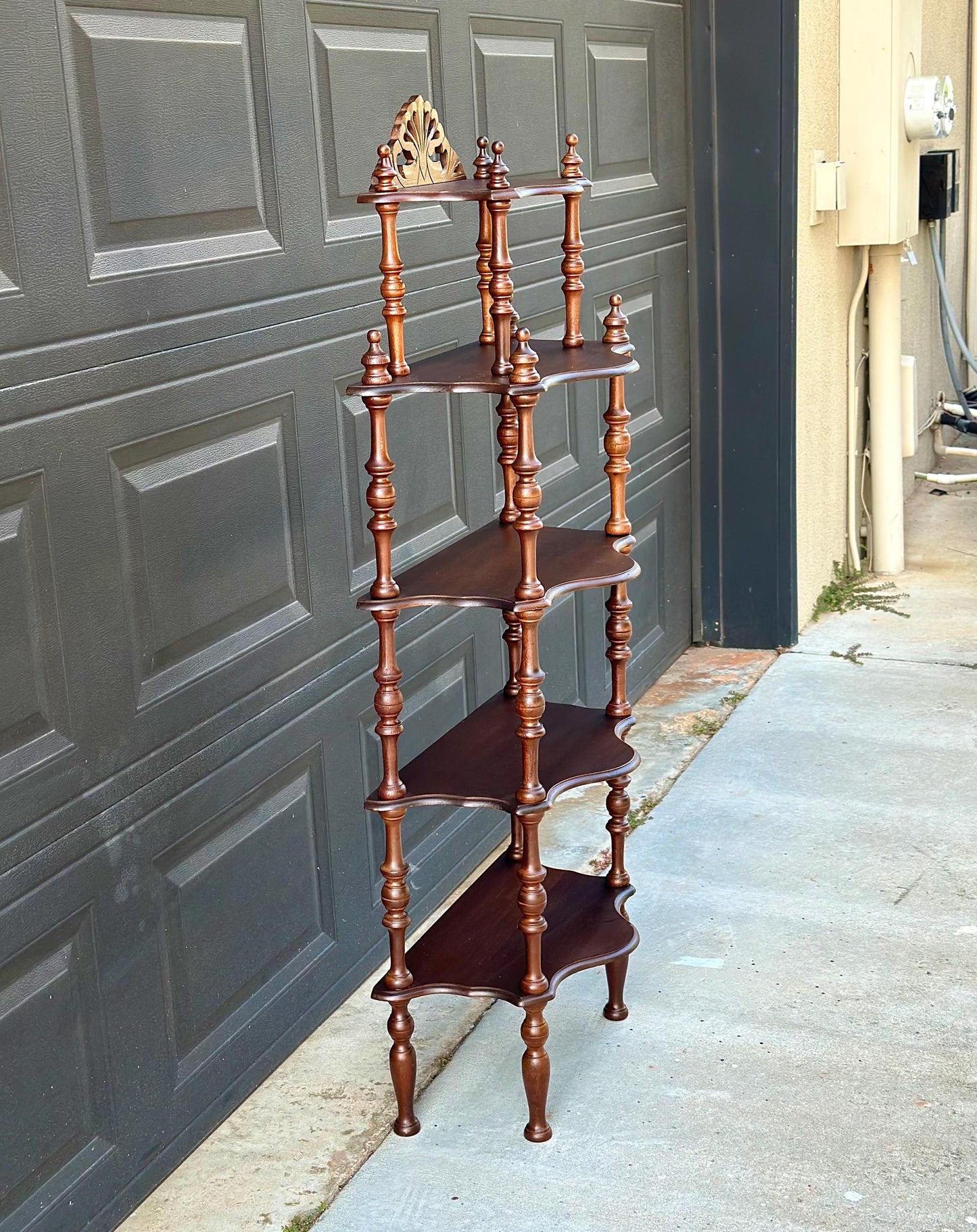 Antique Late 19th Century Five Tier Carved Serpentine Front Victorian Walnut Shelf