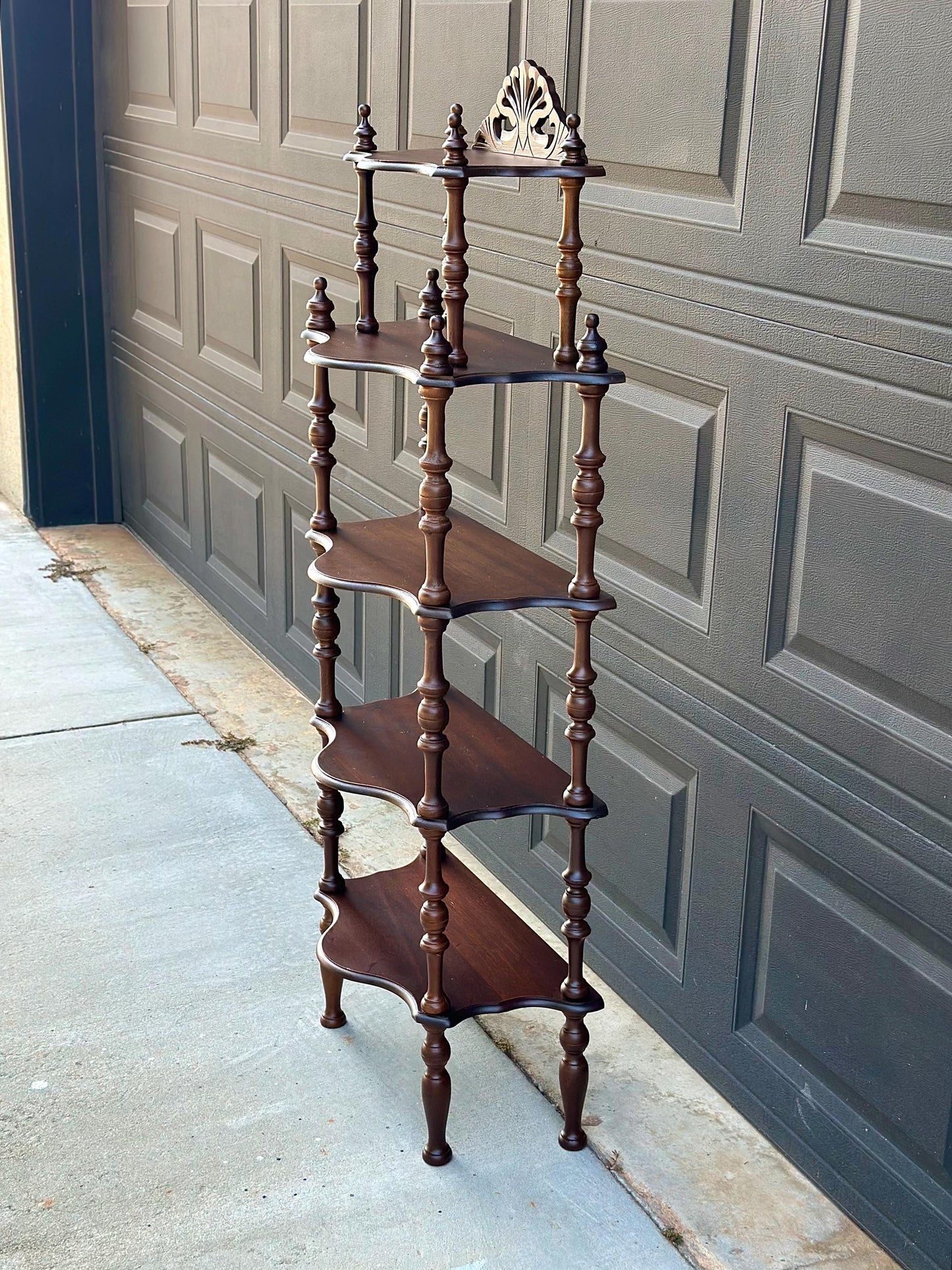 Antique Late 19th Century Five Tier Carved Serpentine Front Victorian Walnut Shelf