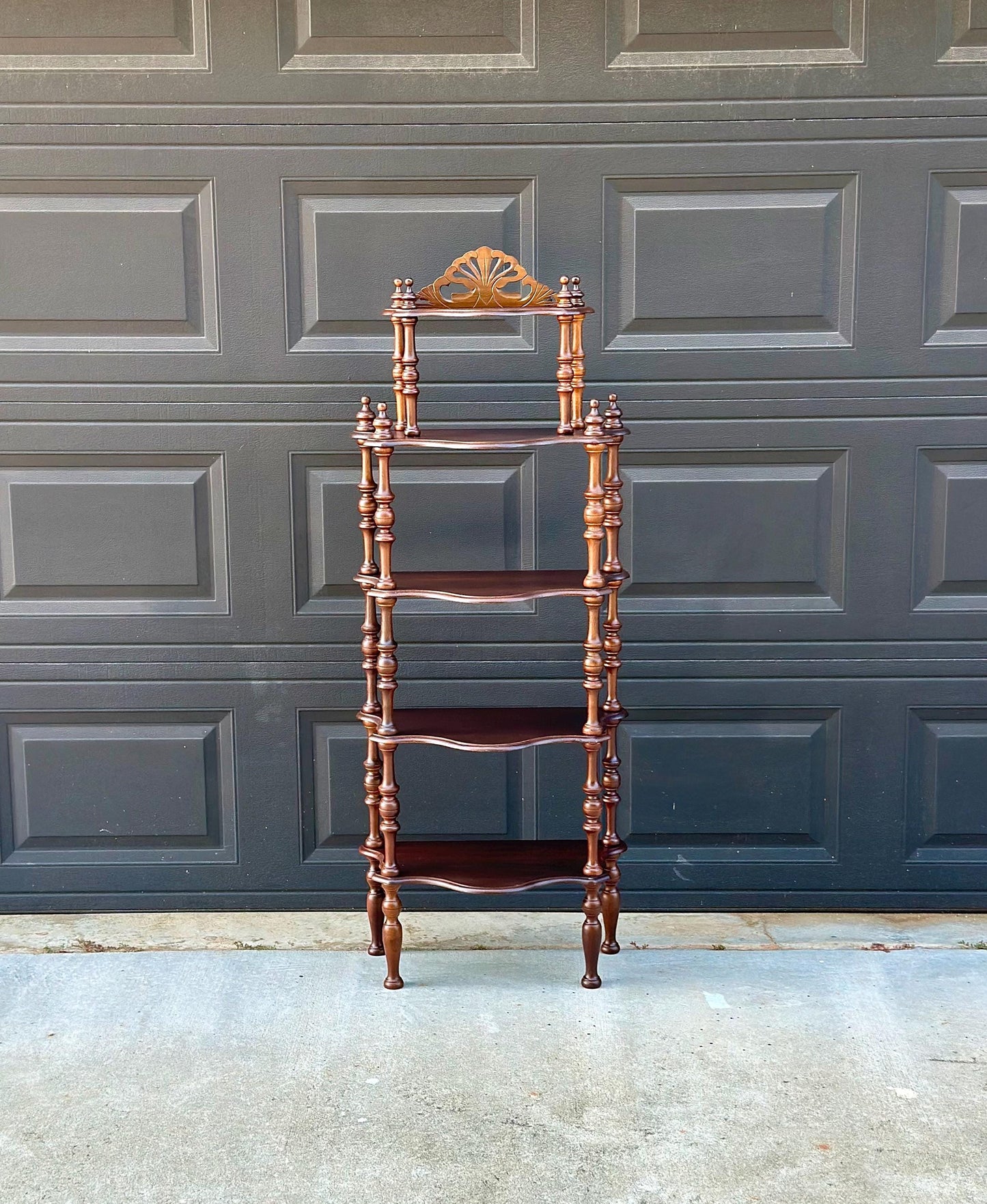 Antique Late 19th Century Five Tier Carved Serpentine Front Victorian Walnut Shelf