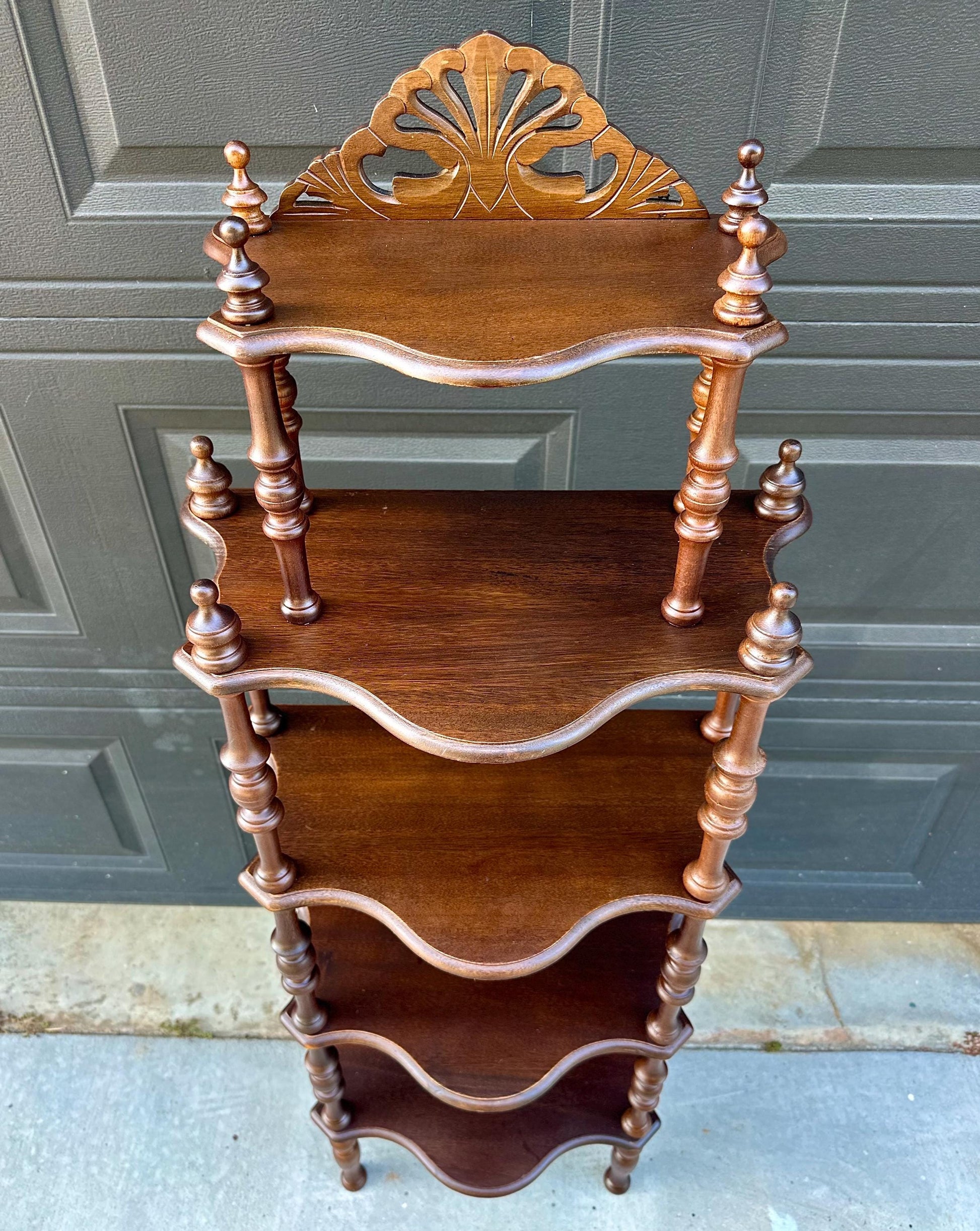 Antique Late 19th Century Five Tier Carved Serpentine Front Victorian Walnut Shelf