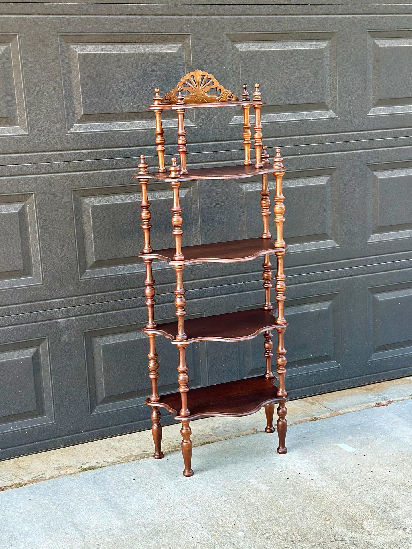 Antique Late 19th Century Five Tier Carved Serpentine Front Victorian Walnut Shelf