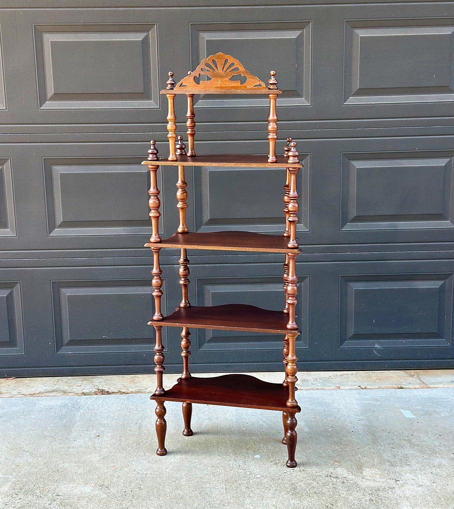 Antique Late 19th Century Five Tier Carved Serpentine Front Victorian Walnut Shelf