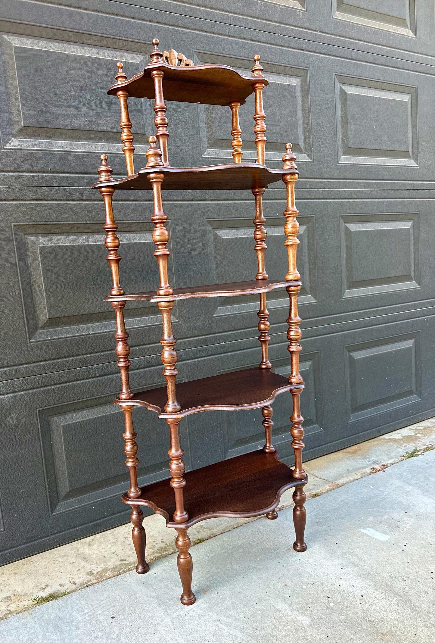Antique Late 19th Century Five Tier Carved Serpentine Front Victorian Walnut Shelf
