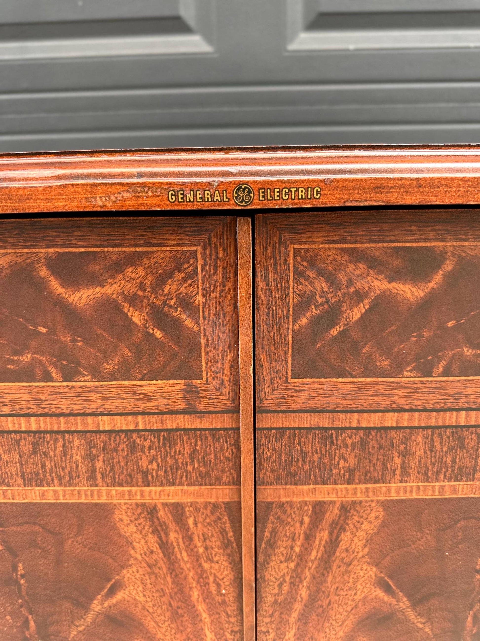 Antique Early 20th Century Crotch Mahogany General Electric Radio Traditional Cabinet on Casters 22" Wide