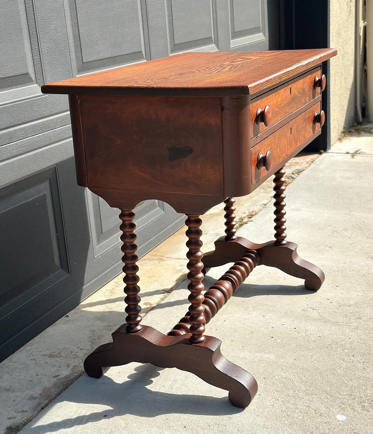 Antique Mid 19th Century Turned Bobbin Leg Two Drawer Walnut Accent Writing Table 30" Wide