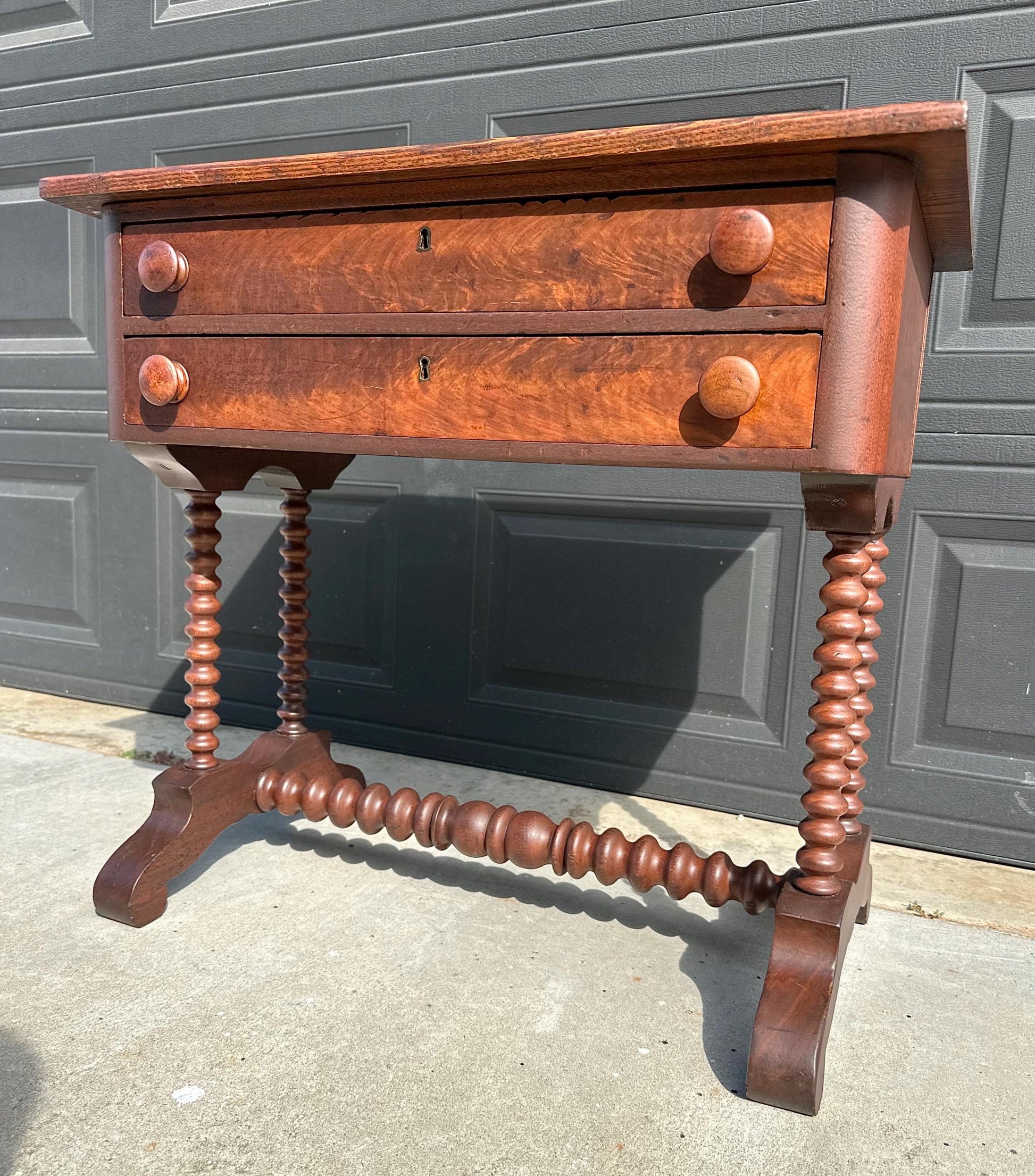Antique Mid 19th Century Turned Bobbin Leg Two Drawer Walnut Accent Writing Table 30" Wide