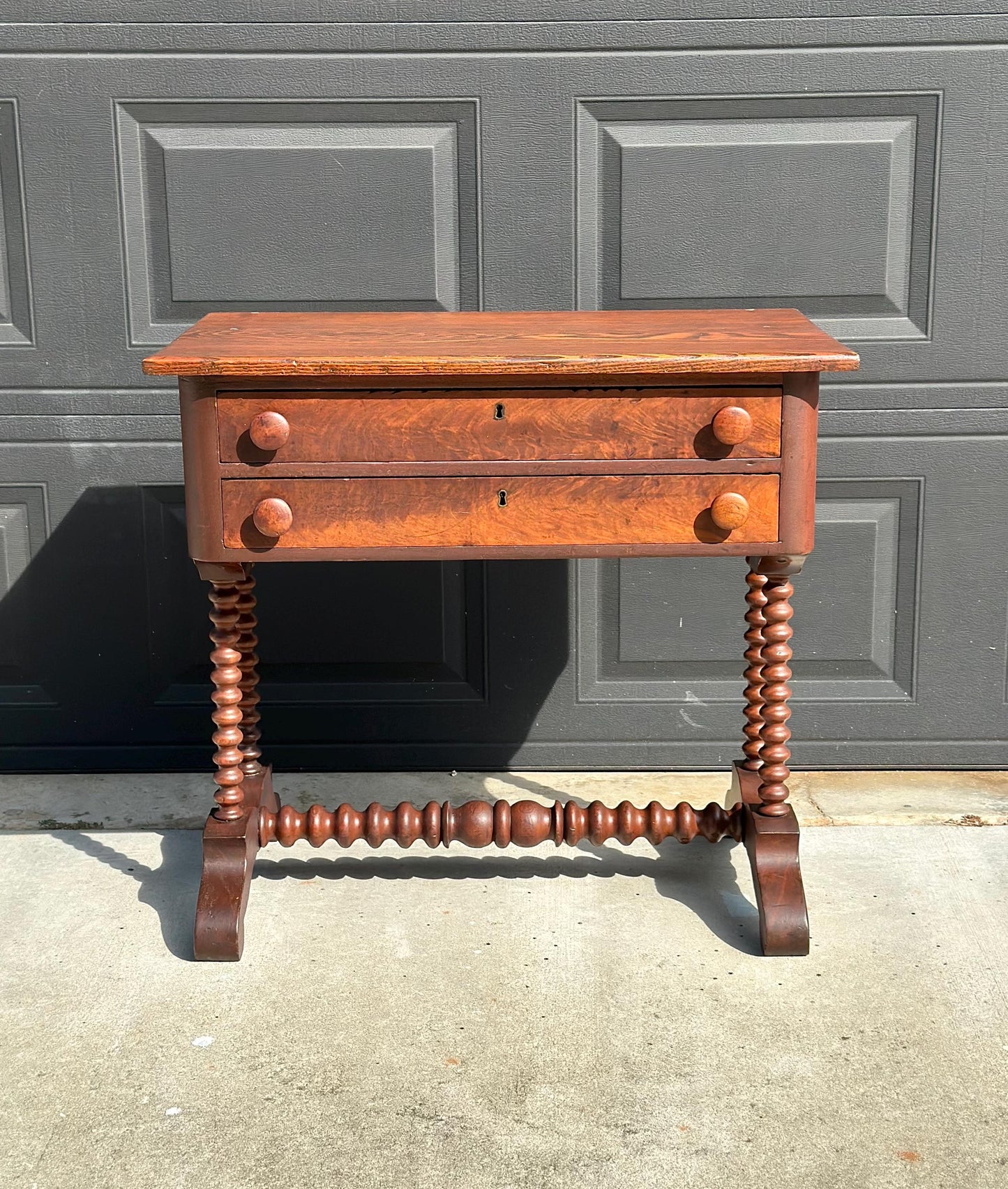 Antique Mid 19th Century Turned Bobbin Leg Two Drawer Walnut Accent Writing Table 30" Wide