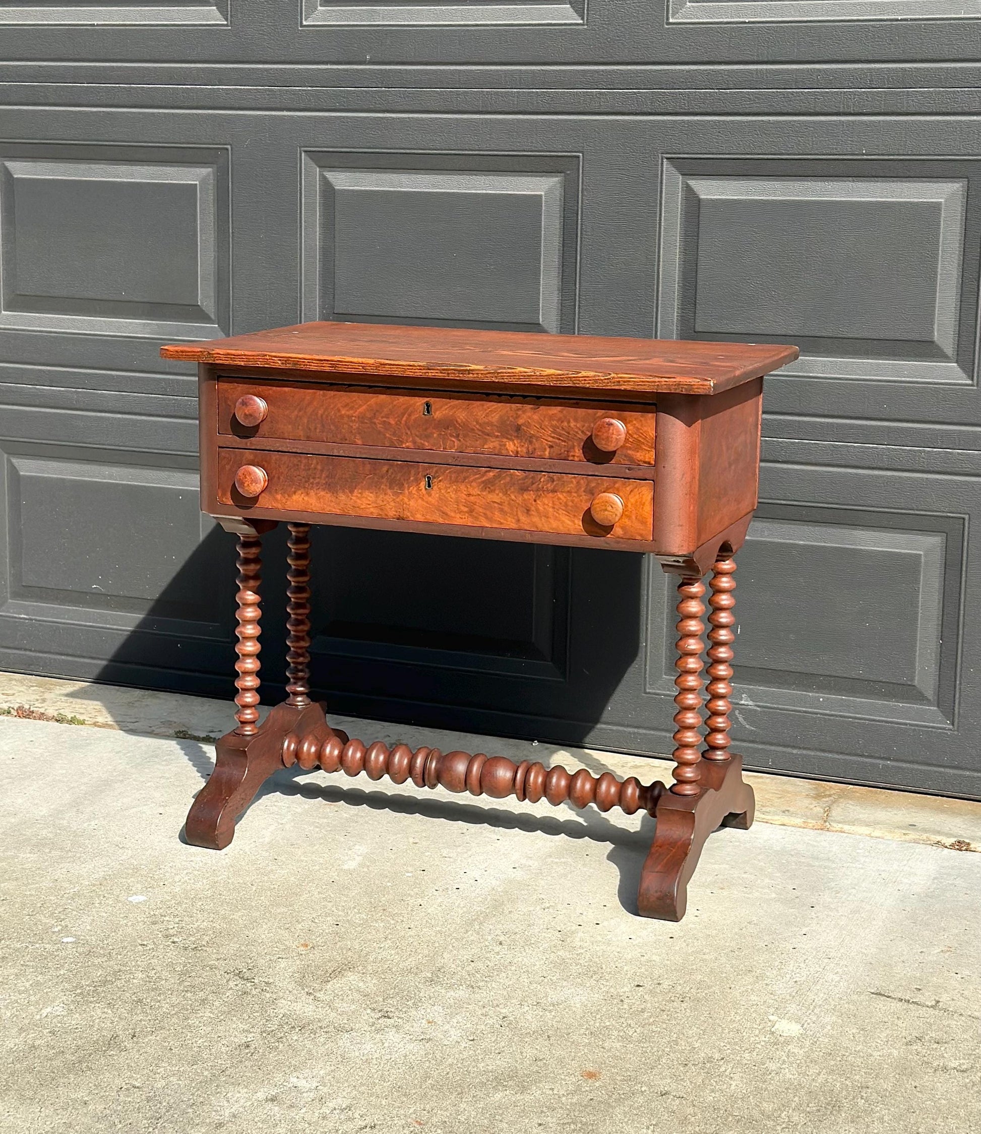 Antique Mid 19th Century Turned Bobbin Leg Two Drawer Walnut Accent Writing Table 30" Wide