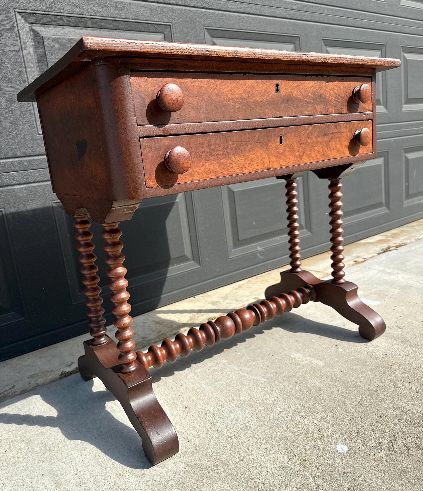 Antique Mid 19th Century Turned Bobbin Leg Two Drawer Walnut Accent Writing Table 30" Wide