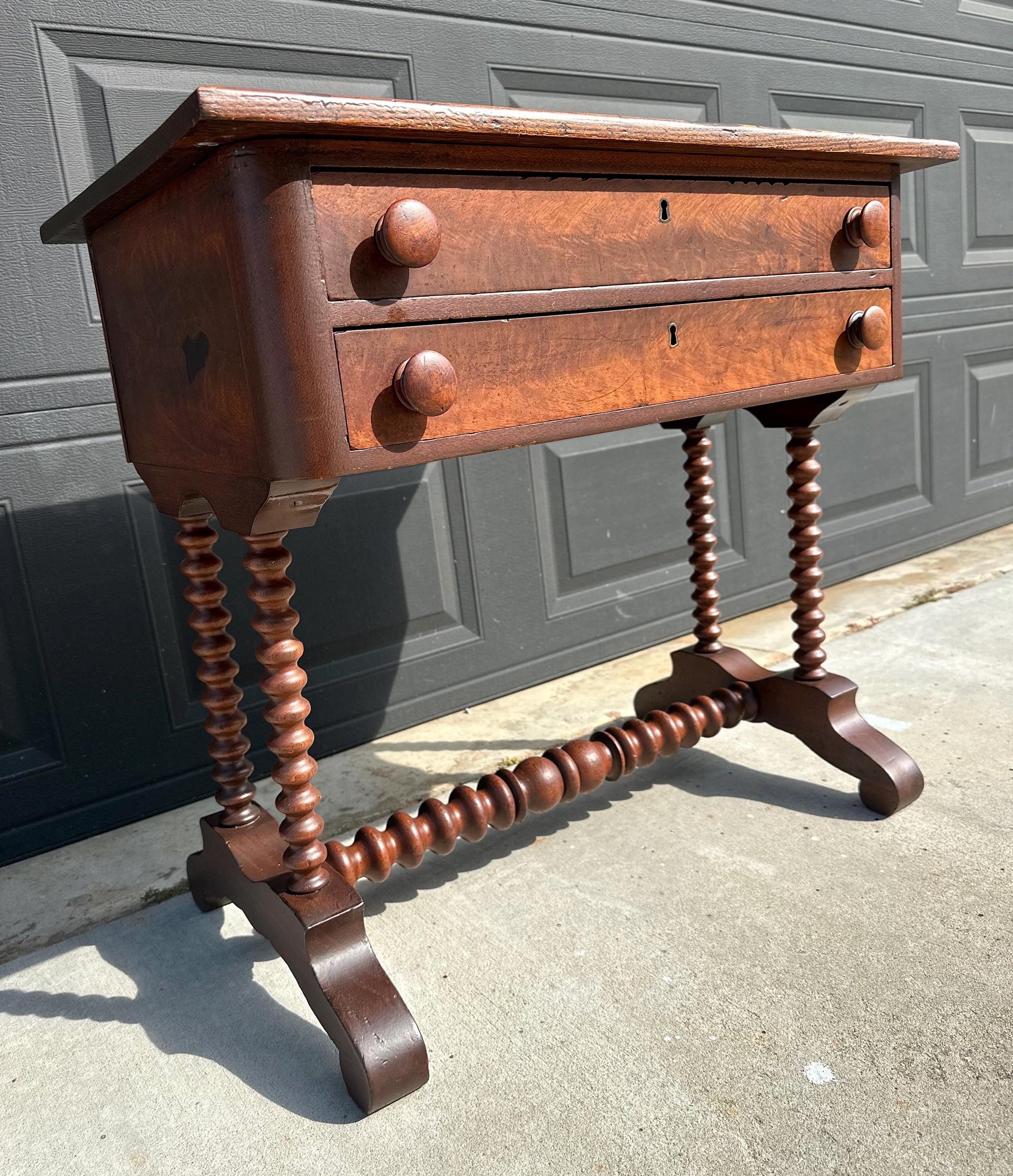 Antique Mid 19th Century Turned Bobbin Leg Two Drawer Walnut Accent Writing Table 30" Wide
