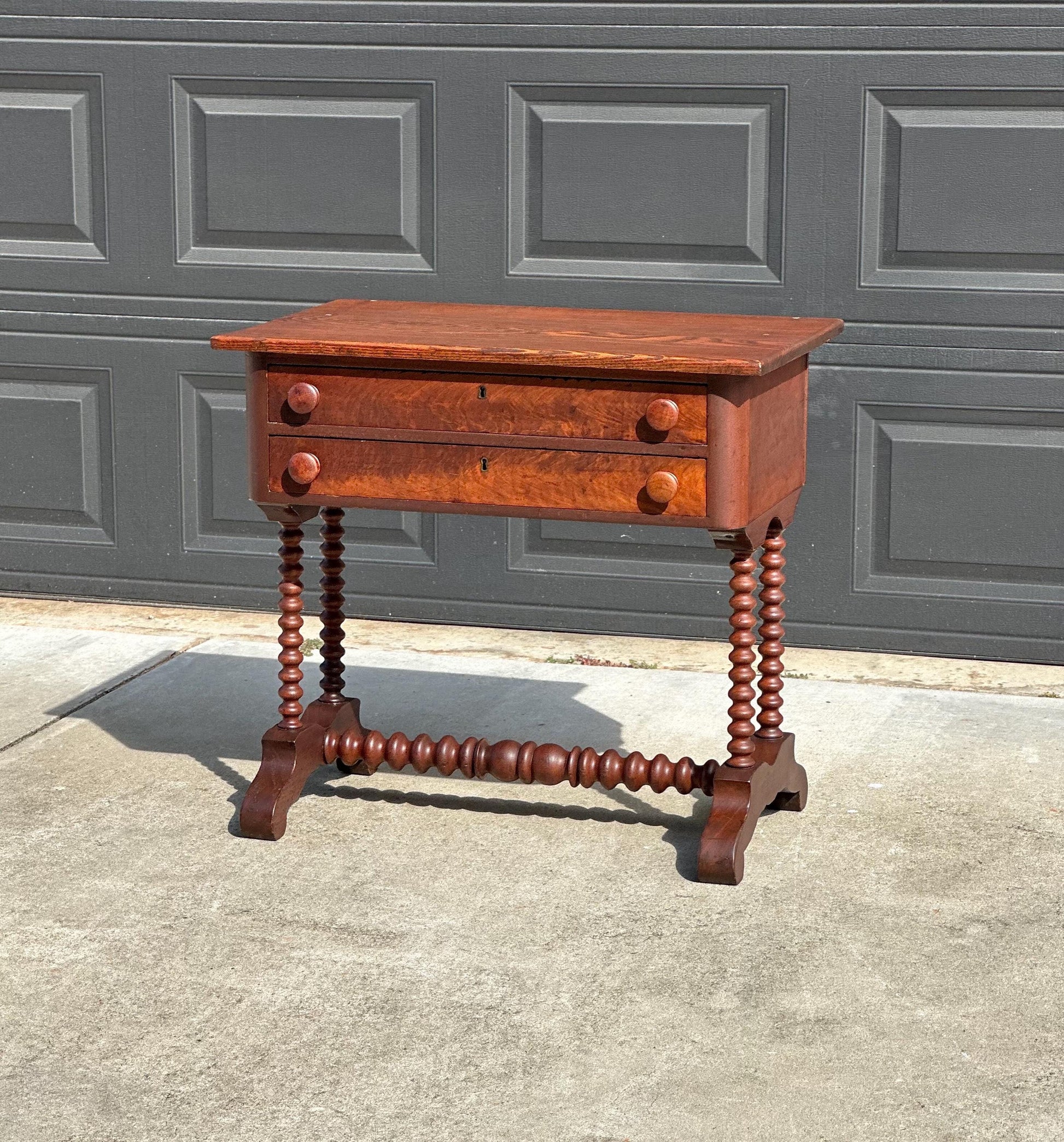 Antique Mid 19th Century Turned Bobbin Leg Two Drawer Walnut Accent Writing Table 30" Wide