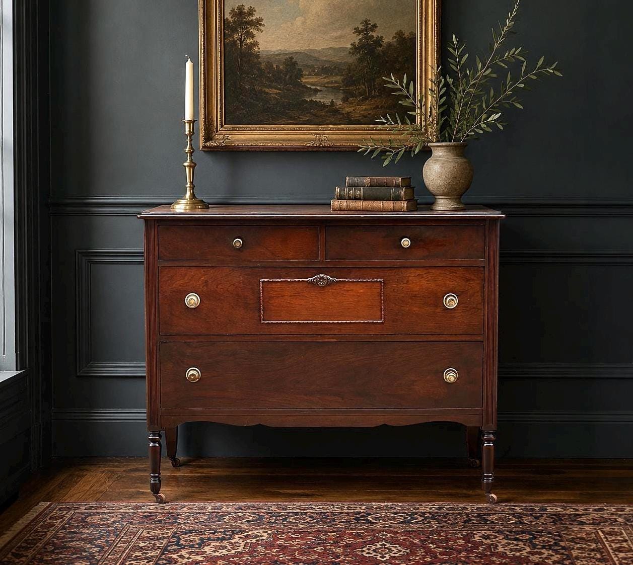 Antique Early 20th Century Federal Walnut Wood Chest of Drawers on Casters 44.75" Wide