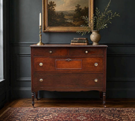 Antique Early 20th Century Federal Walnut Wood Chest of Drawers on Casters 44.75" Wide