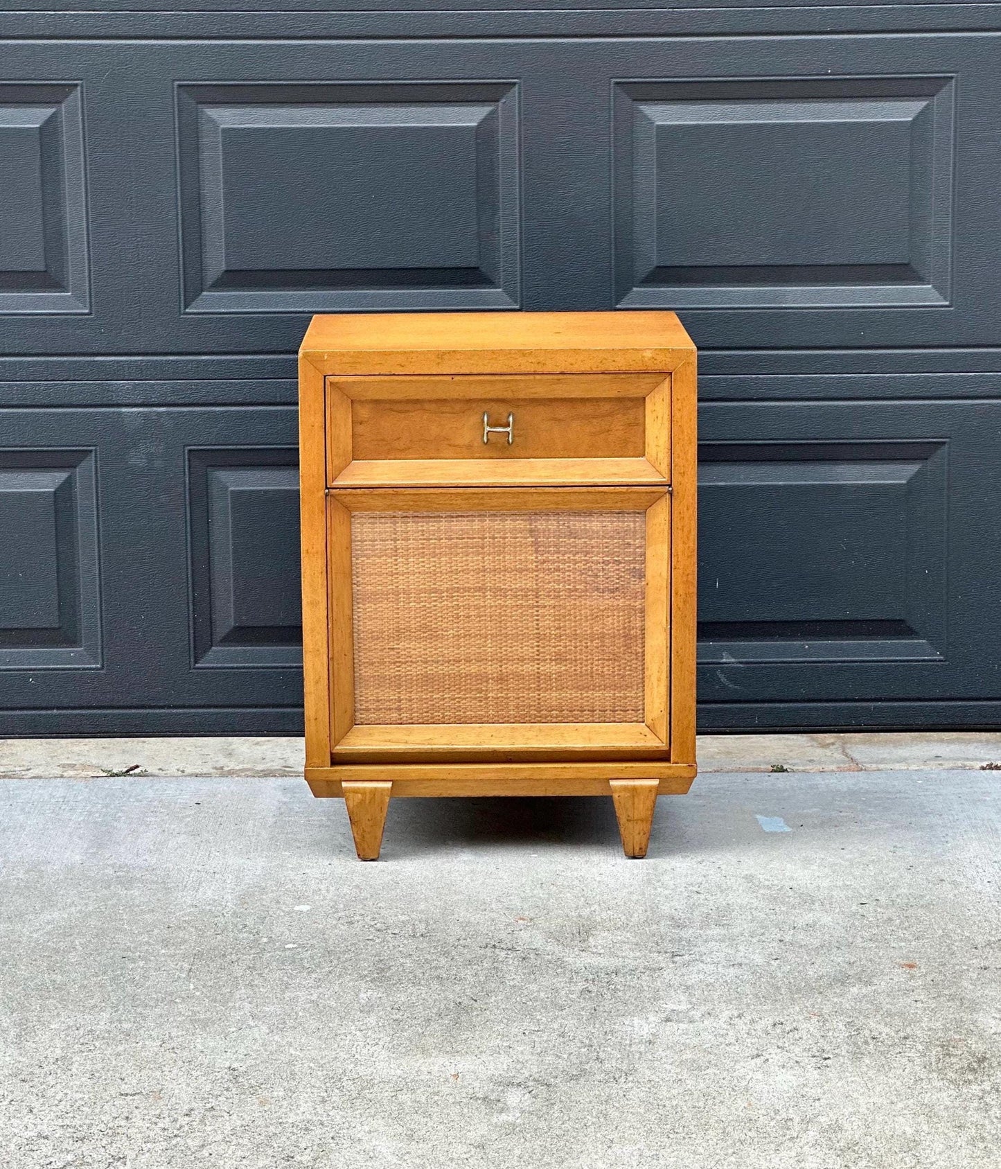 Vintage Authentic Mid Century Honey Maple & Woven Cane Pull Up Tray Bedside Chest with Enclosed Shelving 20" Wide