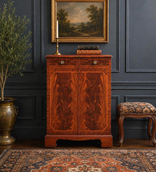 Antique Early 20th Century Crotch Mahogany General Electric Radio Traditional Cabinet on Casters 22" Wide