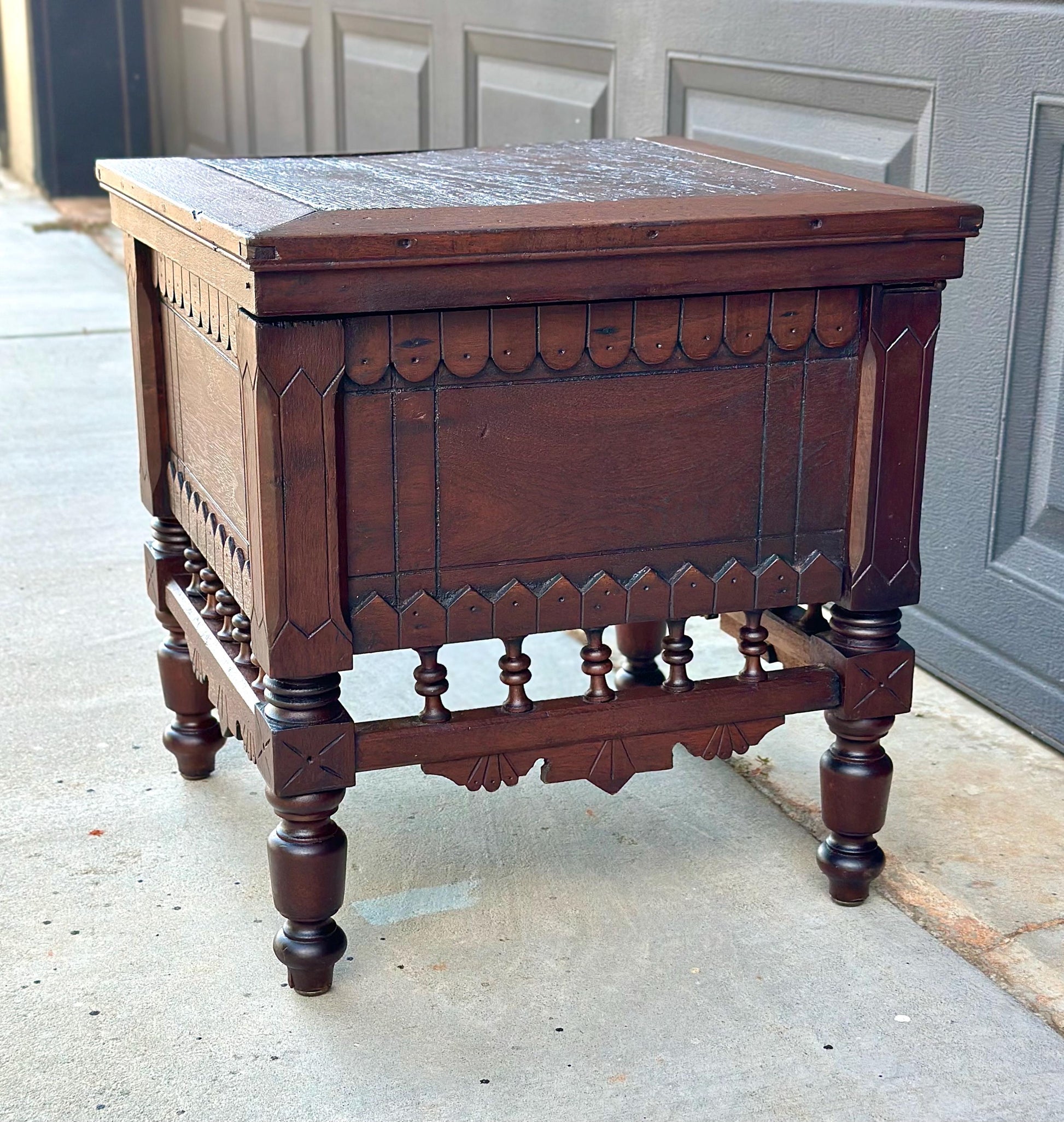 Antique Mid 19th Century Ornate Victorian Turned Leg Lift Top Storage Stool | Small Side Table 16" Wide