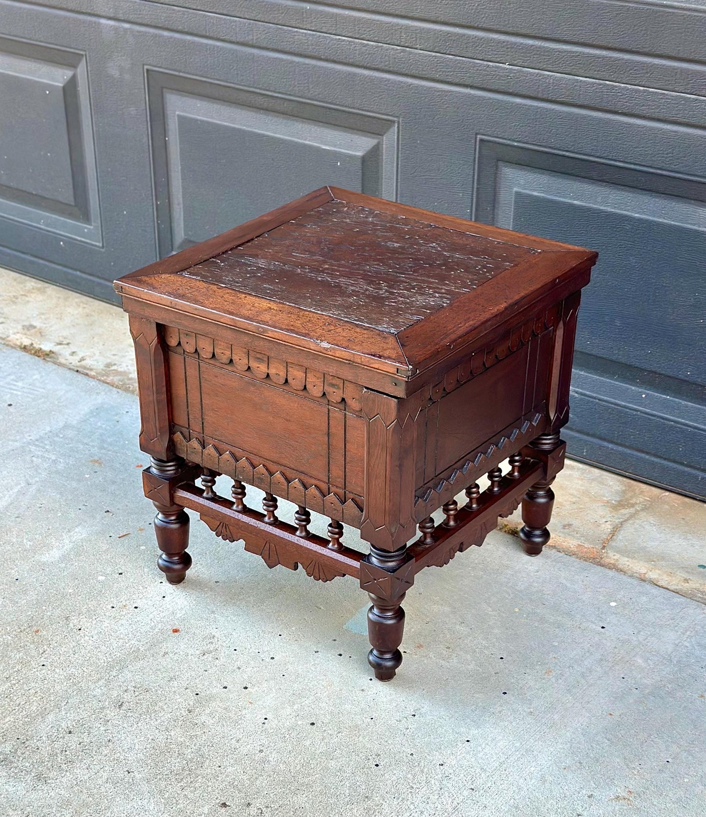 Antique Mid 19th Century Ornate Victorian Turned Leg Lift Top Storage Stool | Small Side Table 16" Wide