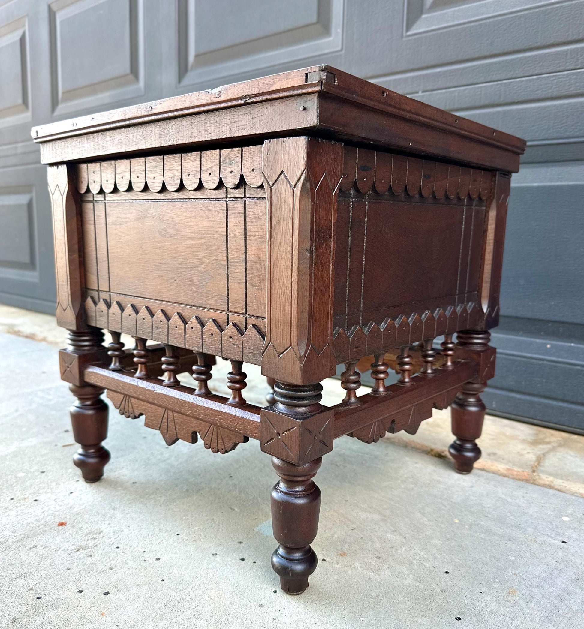 Antique Mid 19th Century Ornate Victorian Turned Leg Lift Top Storage Stool | Small Side Table 16" Wide