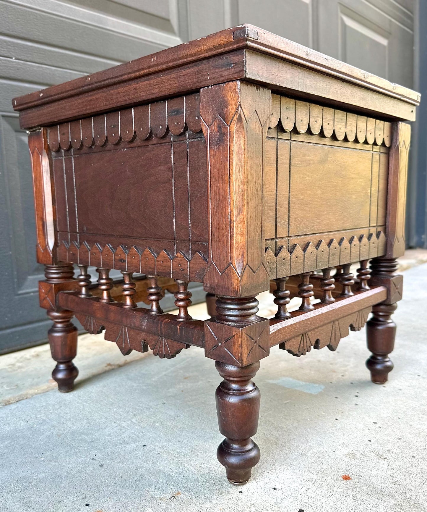Antique Mid 19th Century Ornate Victorian Turned Leg Lift Top Storage Stool | Small Side Table 16" Wide