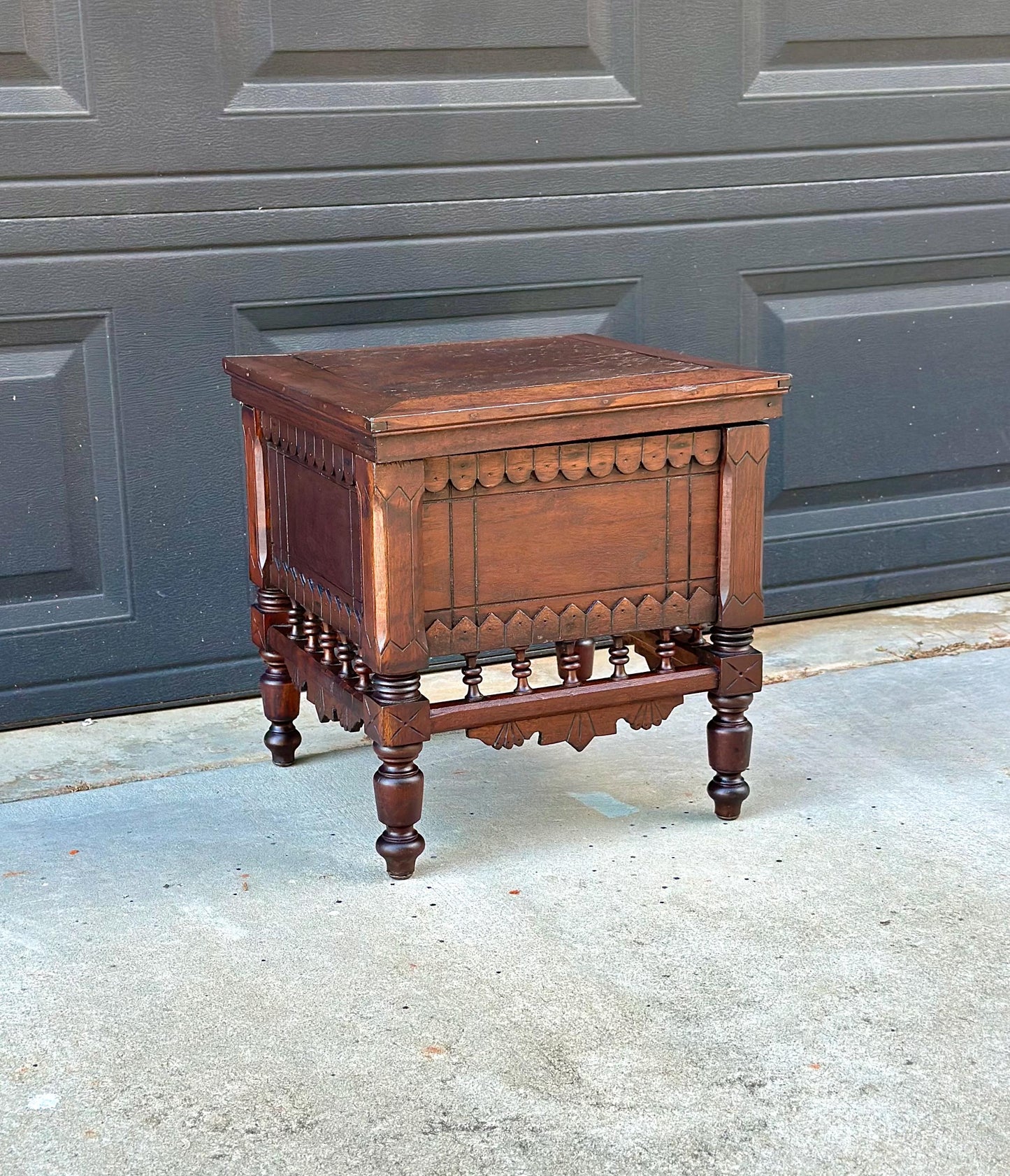 Antique Mid 19th Century Ornate Victorian Turned Leg Lift Top Storage Stool | Small Side Table 16" Wide