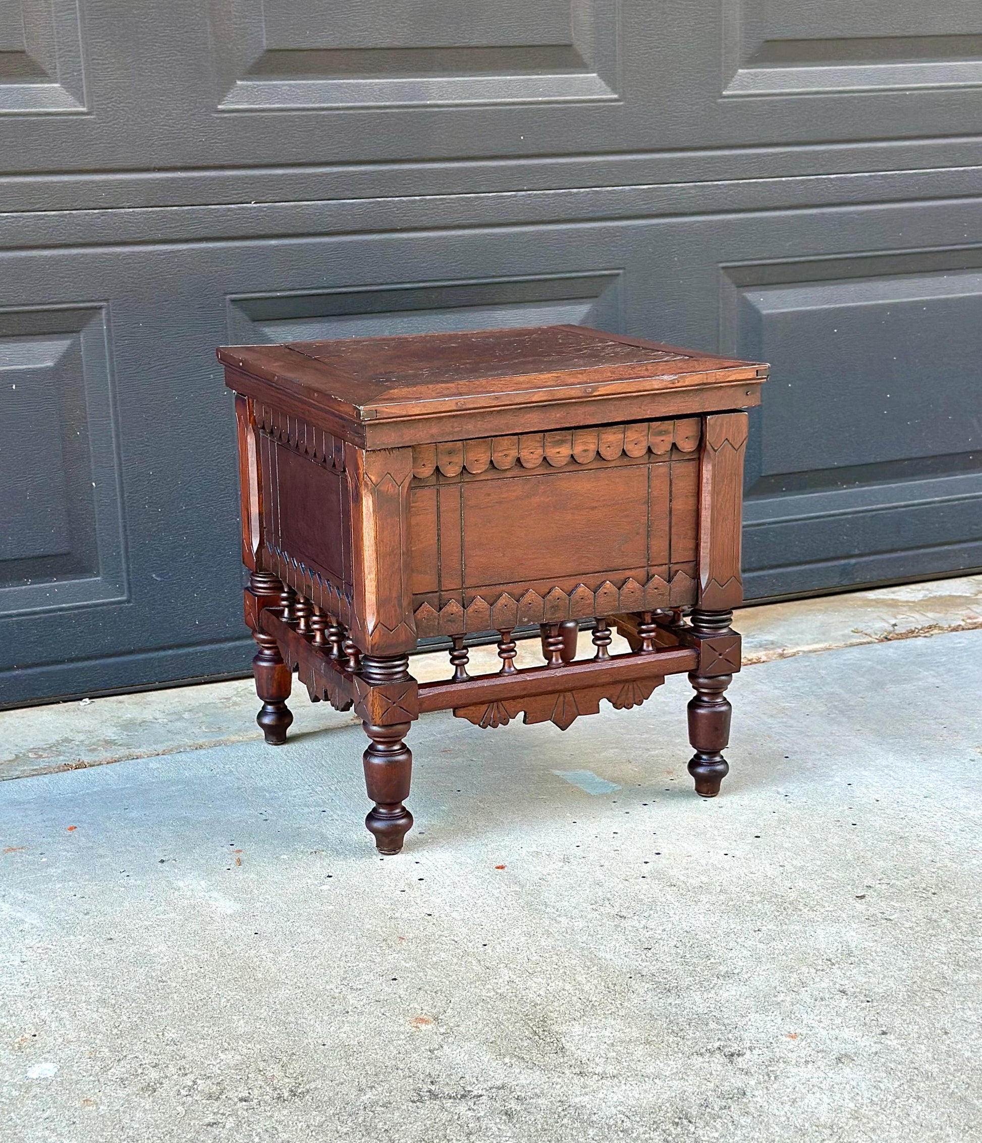 Antique Mid 19th Century Ornate Victorian Turned Leg Lift Top Storage Stool | Small Side Table 16" Wide