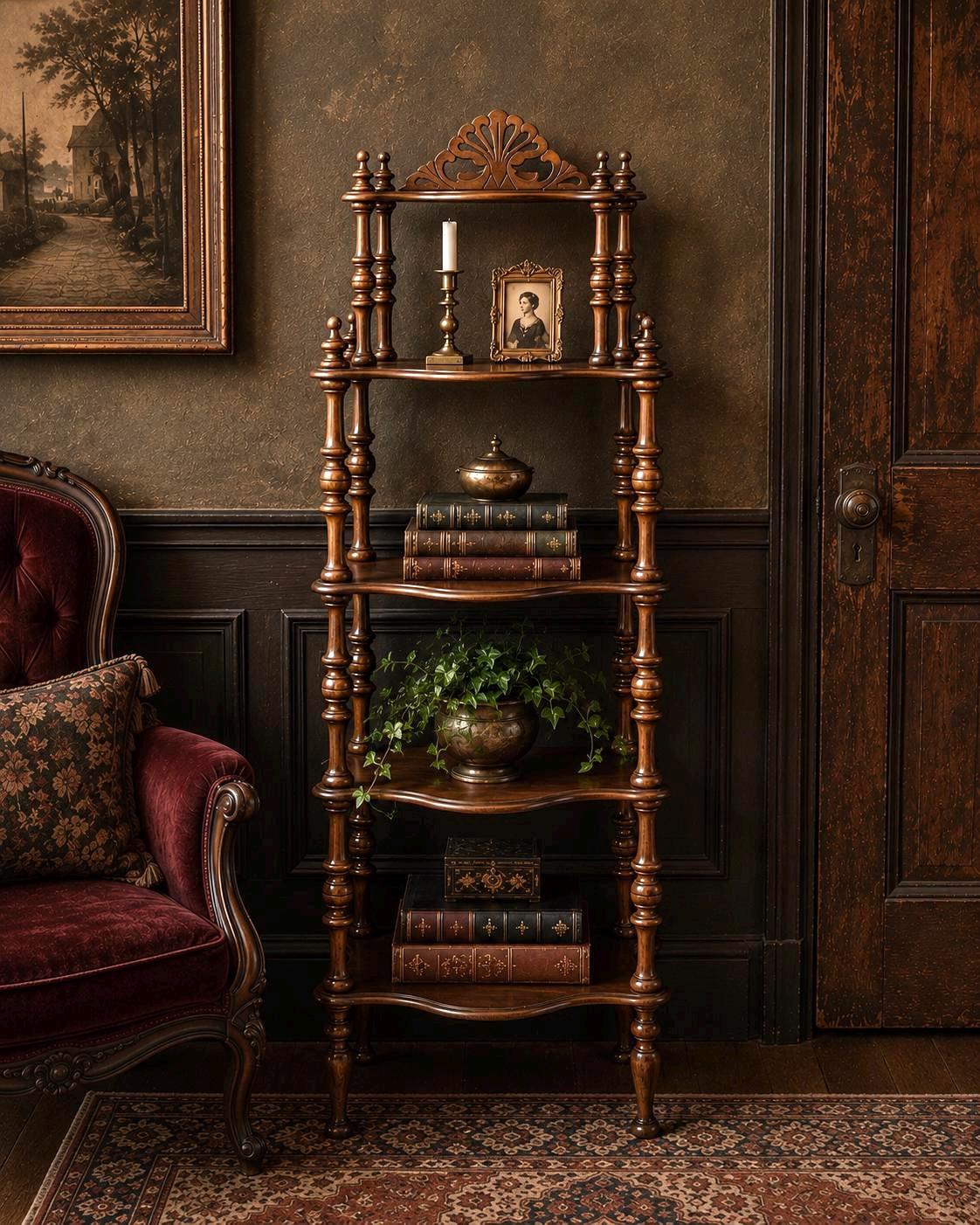 Antique Late 19th Century Five Tier Carved Serpentine Front Victorian Walnut Shelf