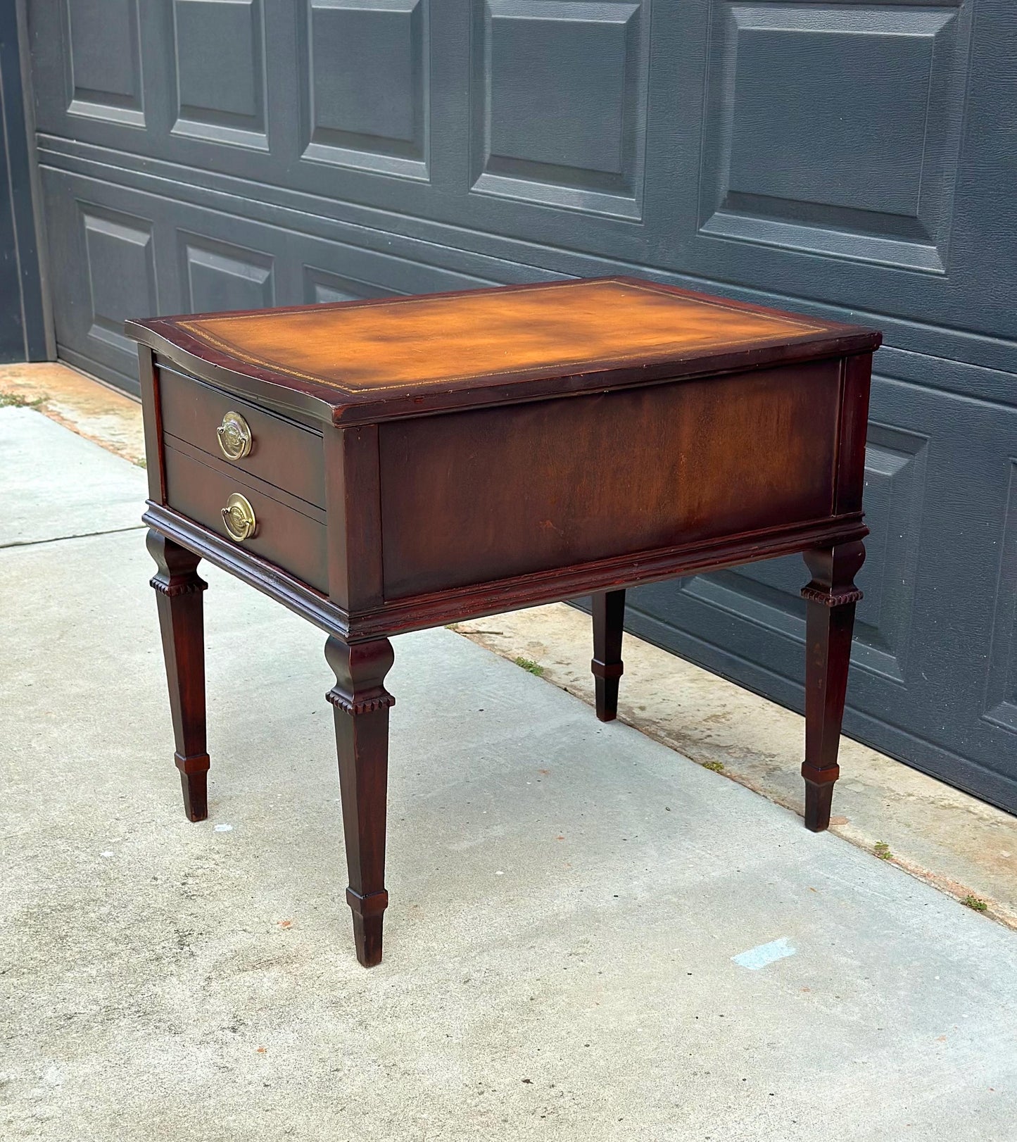 Vintage Mid 20th Century Mahogany & Leather End Table with Drawer Storage 20" Wide