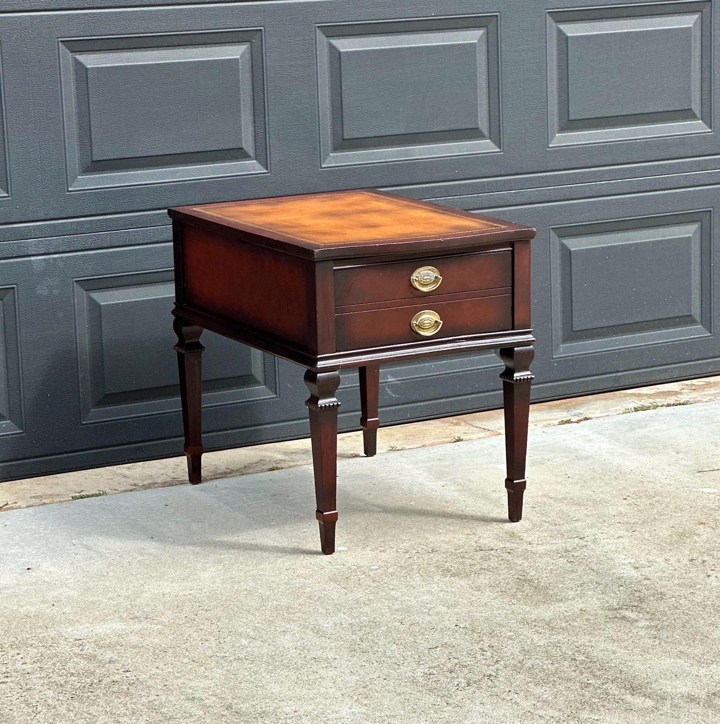 Vintage Mid 20th Century Mahogany & Leather End Table with Drawer Storage 20" Wide
