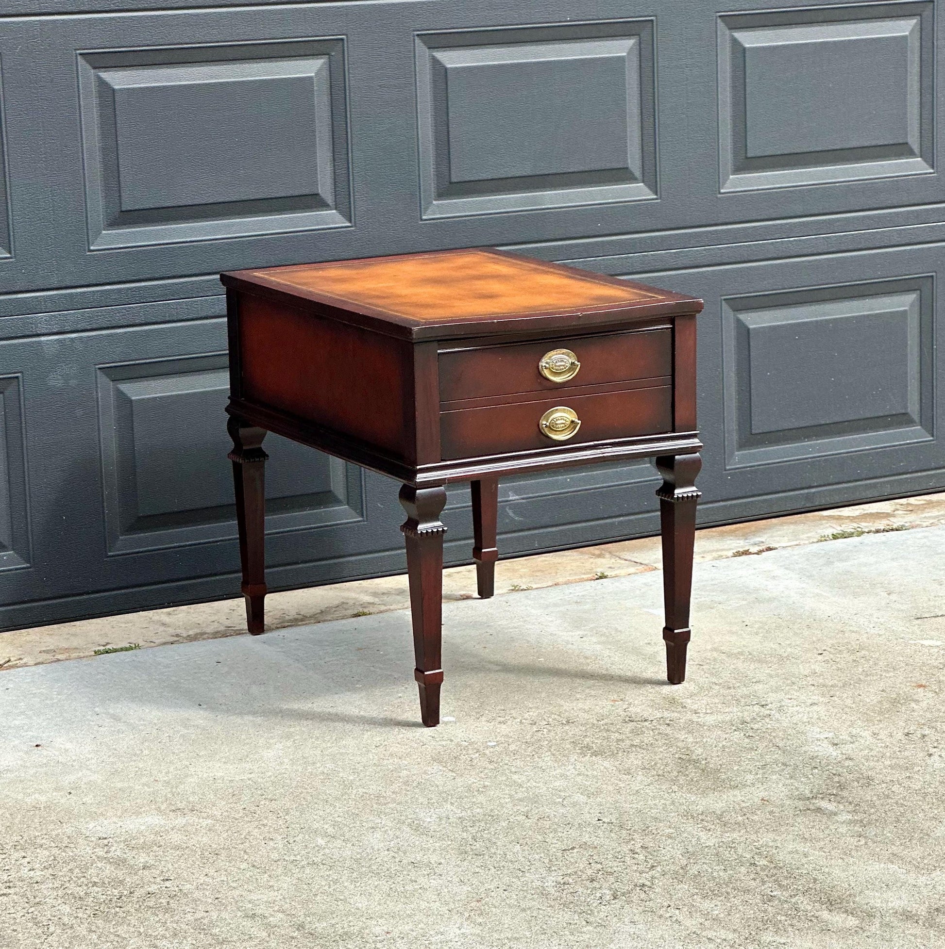 Vintage Mid 20th Century Mahogany & Leather End Table with Drawer Storage 20" Wide