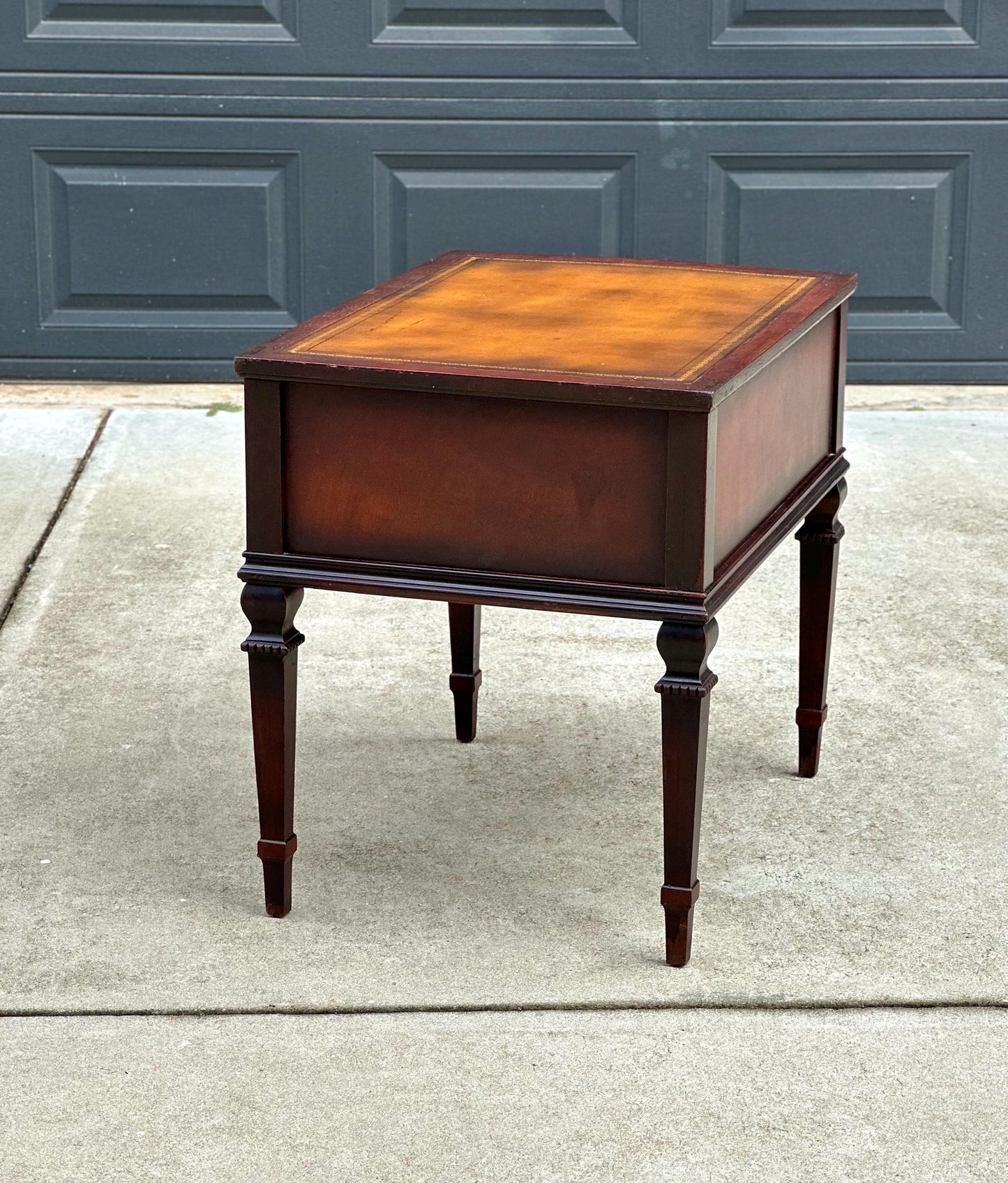 Vintage Mid 20th Century Mahogany & Leather End Table with Drawer Storage 20" Wide