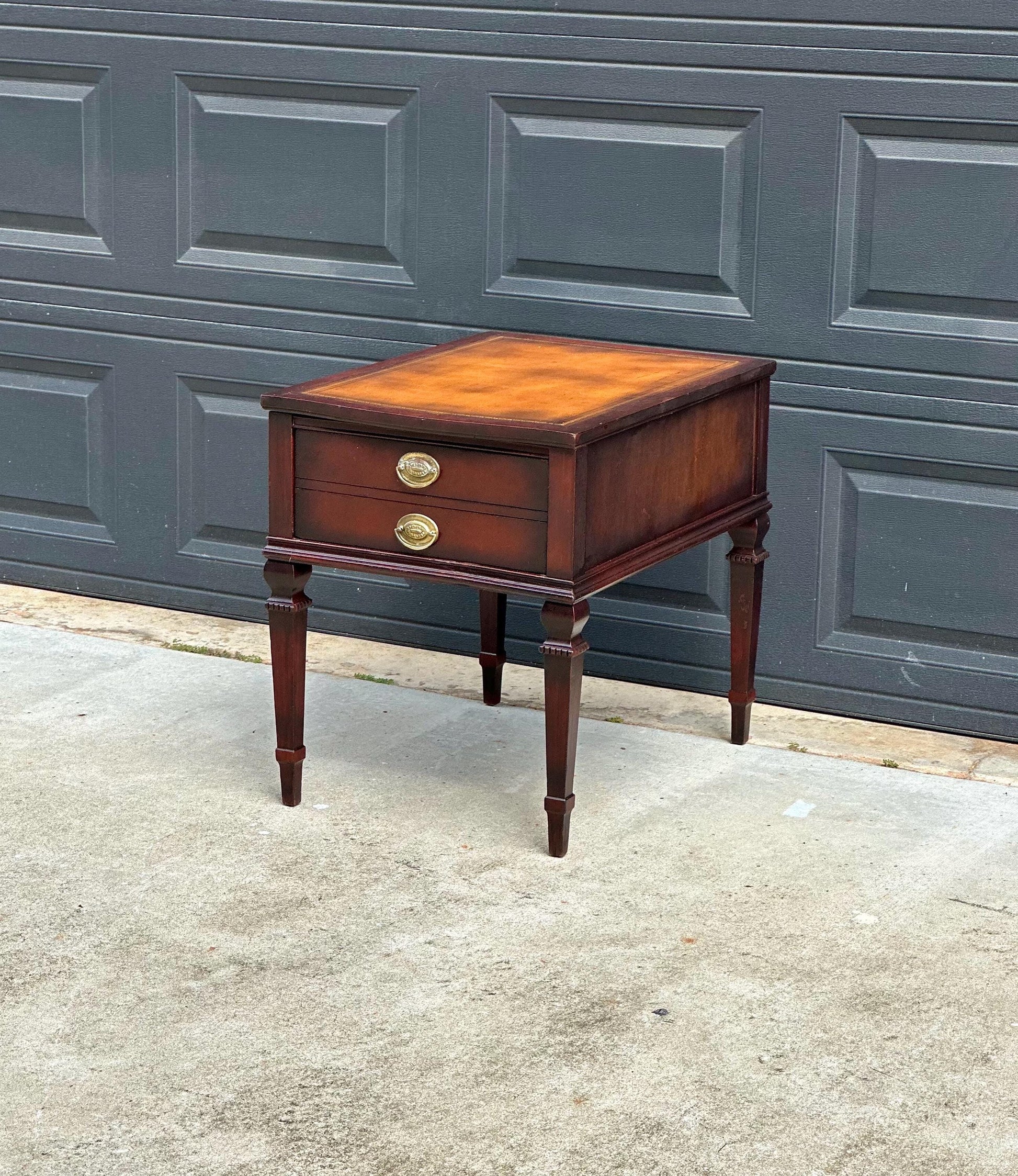 Vintage Mid 20th Century Mahogany & Leather End Table with Drawer Storage 20" Wide