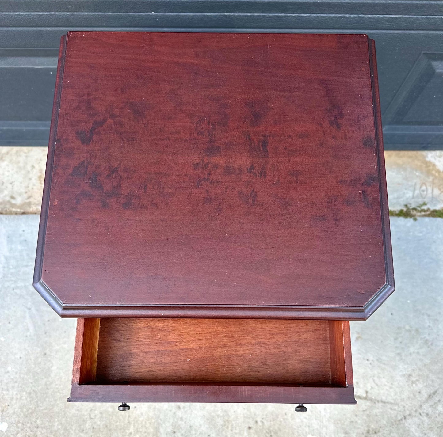 Antique Early 20th Century Bookmatched Carved Mahogany Tall Accent Table with Drawer & Open Shelf 17.5" Wide