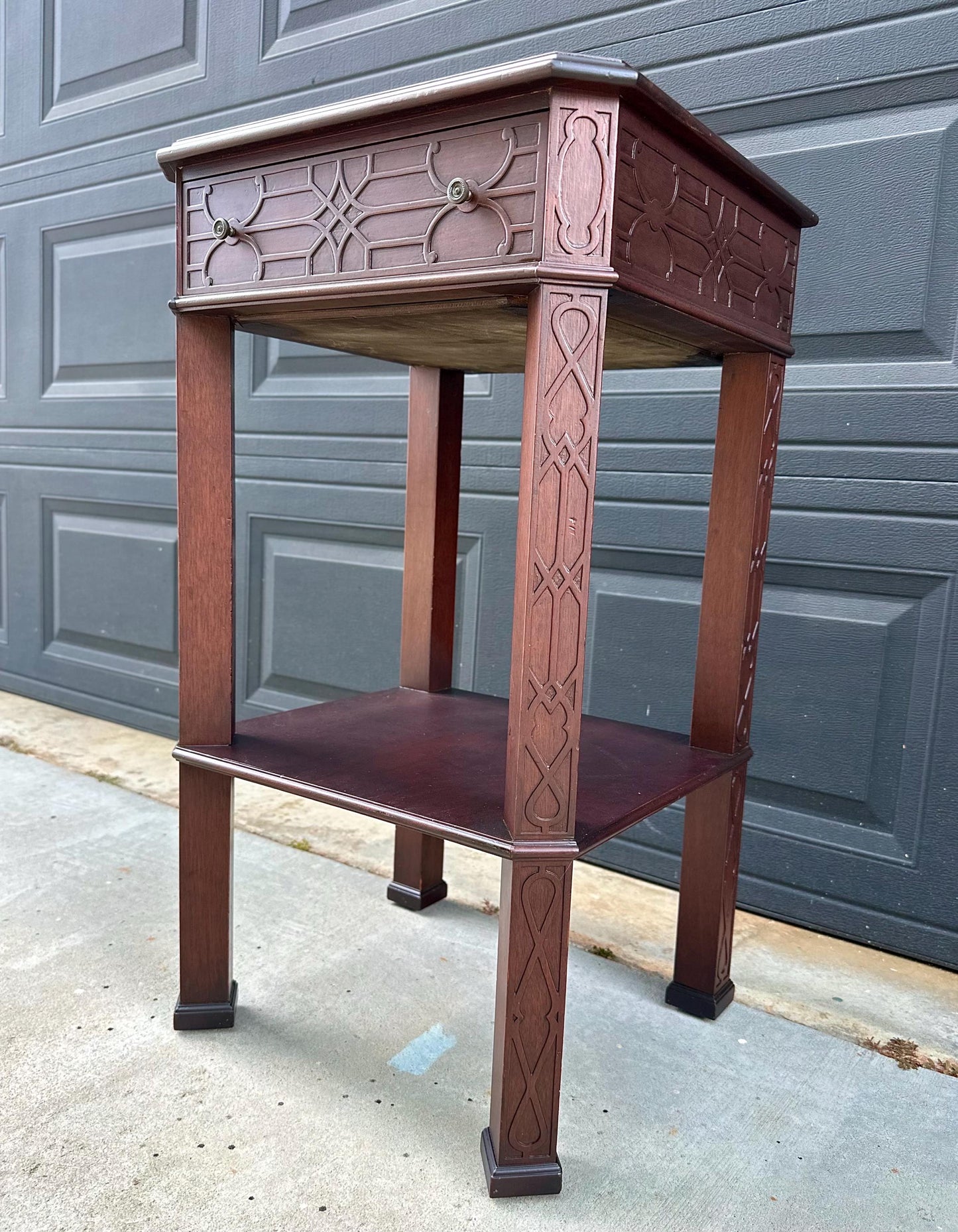 Antique Early 20th Century Bookmatched Carved Mahogany Tall Accent Table with Drawer & Open Shelf 17.5" Wide