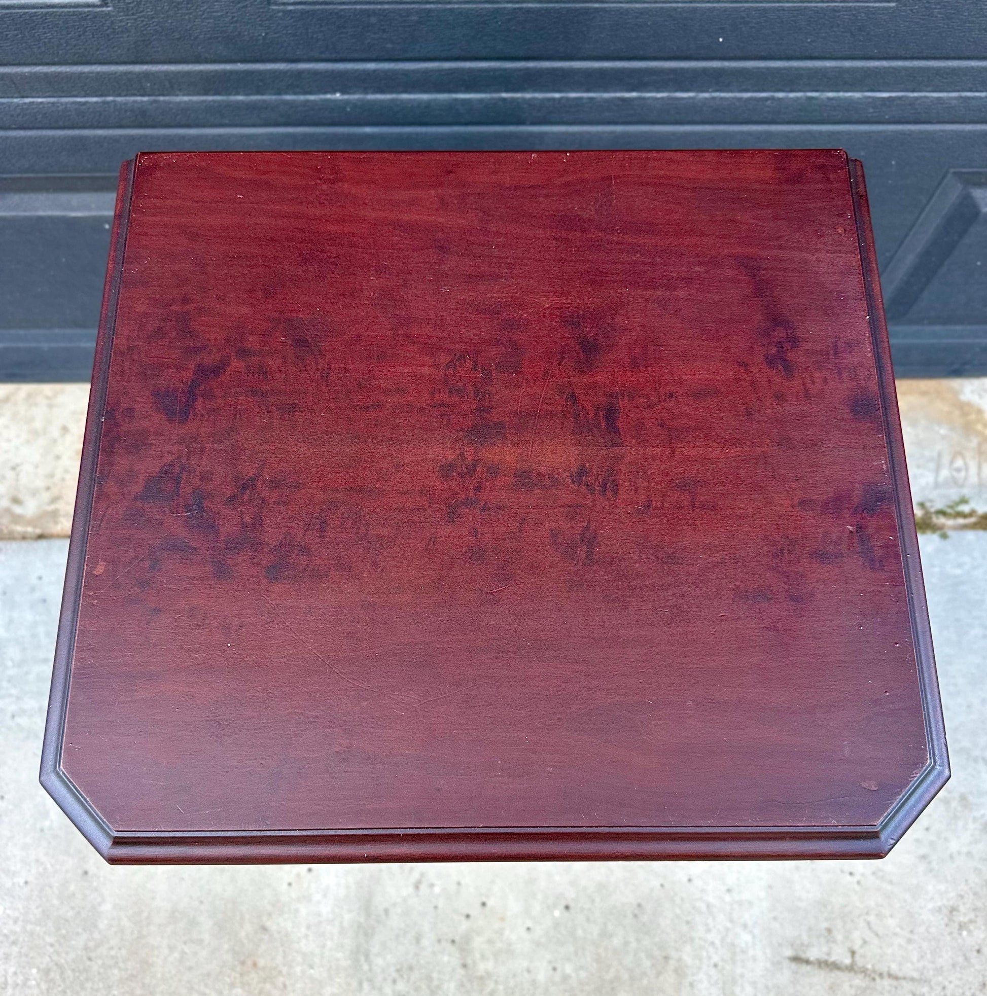 Antique Early 20th Century Bookmatched Carved Mahogany Tall Accent Table with Drawer & Open Shelf 17.5" Wide